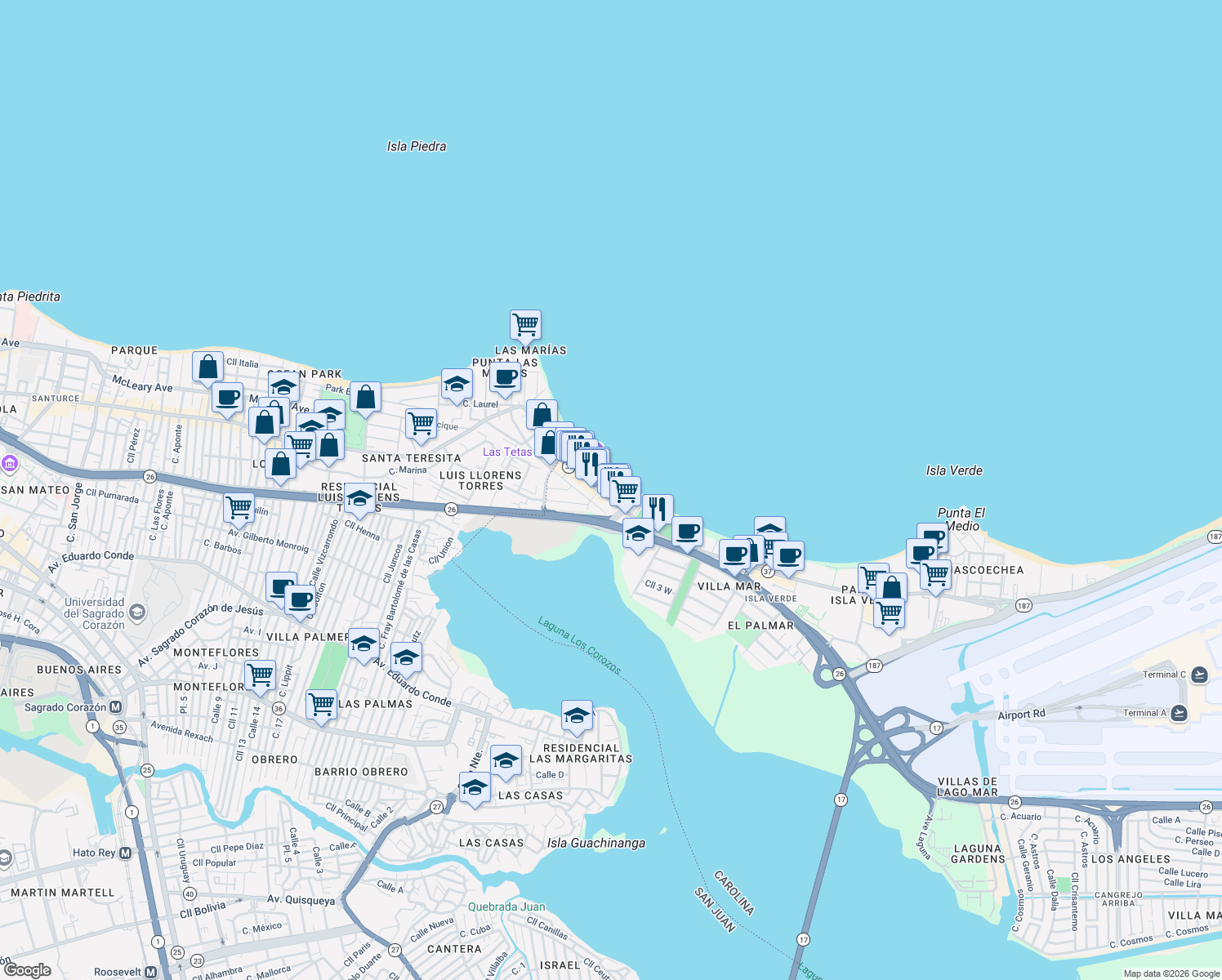 map of restaurants, bars, coffee shops, grocery stores, and more near 3819 Avenida Isla Verde in Carolina