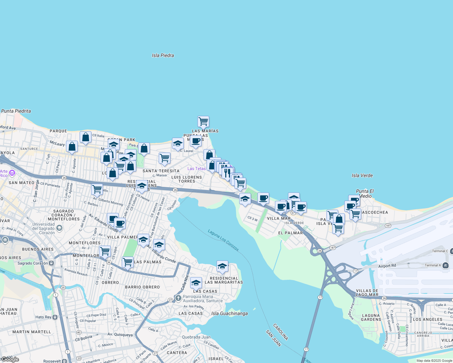 map of restaurants, bars, coffee shops, grocery stores, and more near 3060 Avenida Isla Verde in Carolina