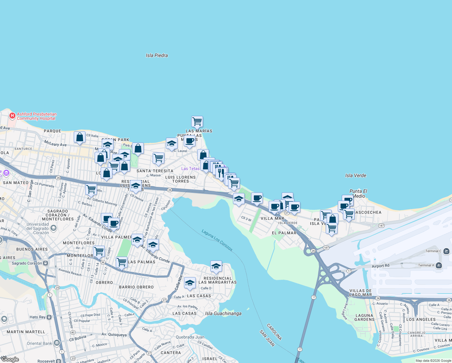 map of restaurants, bars, coffee shops, grocery stores, and more near 3819 Avenida Isla Verde in Carolina