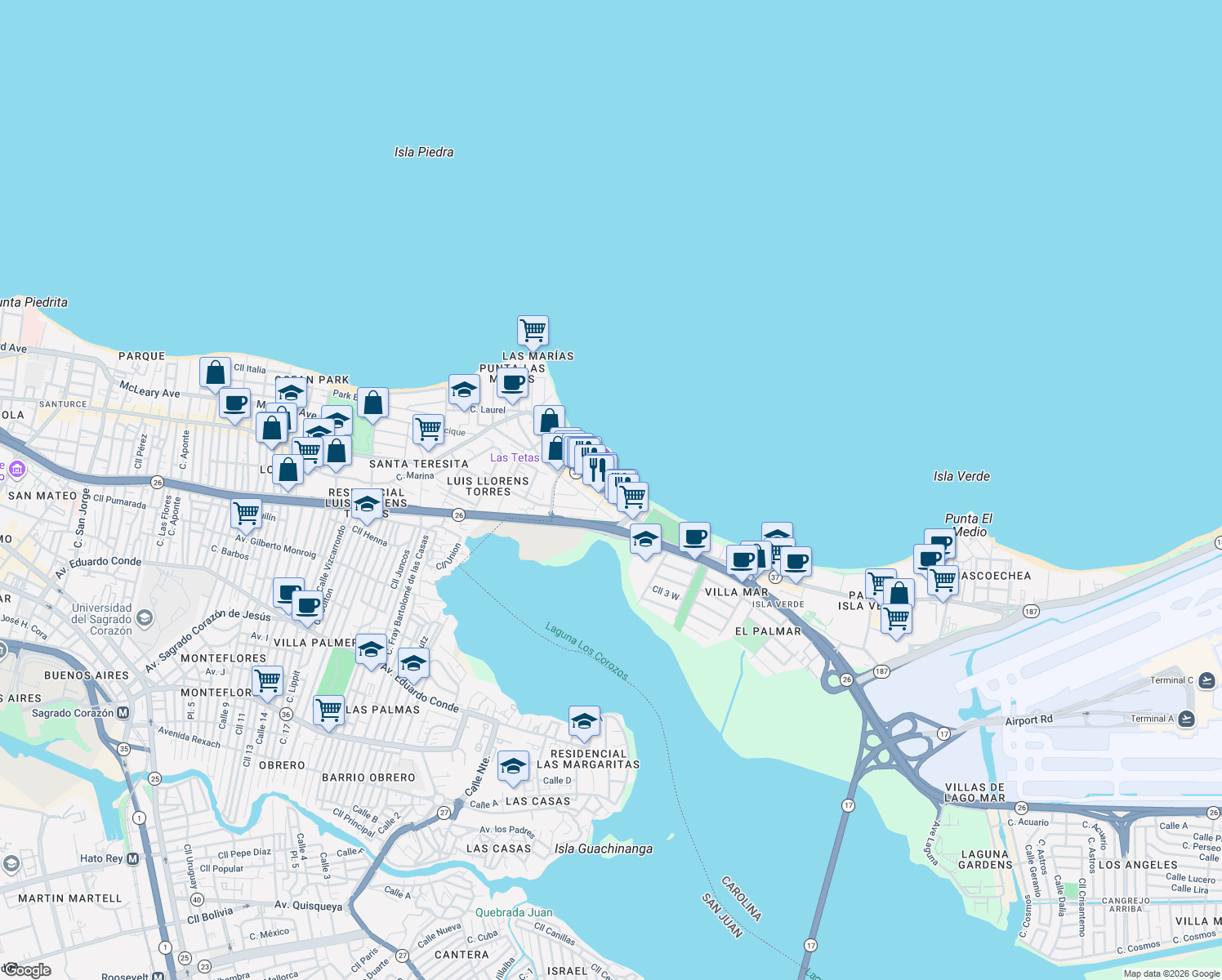 map of restaurants, bars, coffee shops, grocery stores, and more near Ave Isla Verde in Carolina