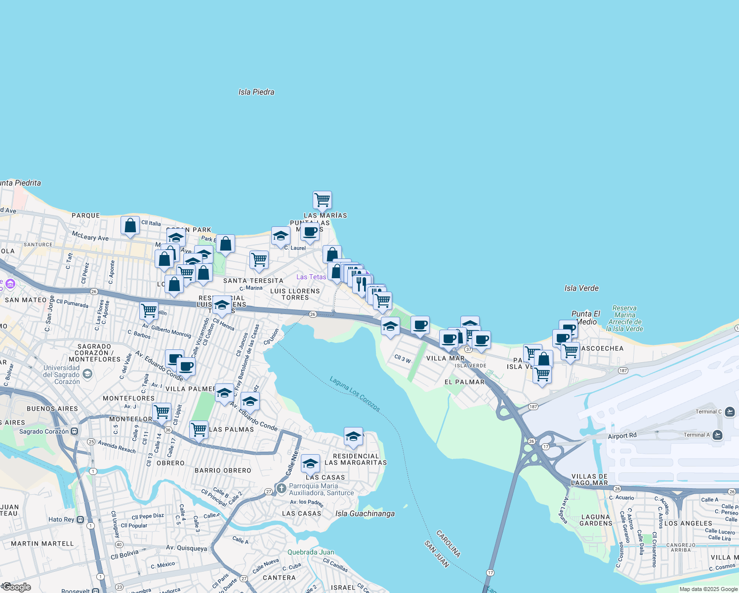map of restaurants, bars, coffee shops, grocery stores, and more near Ave Isla Verde in Carolina
