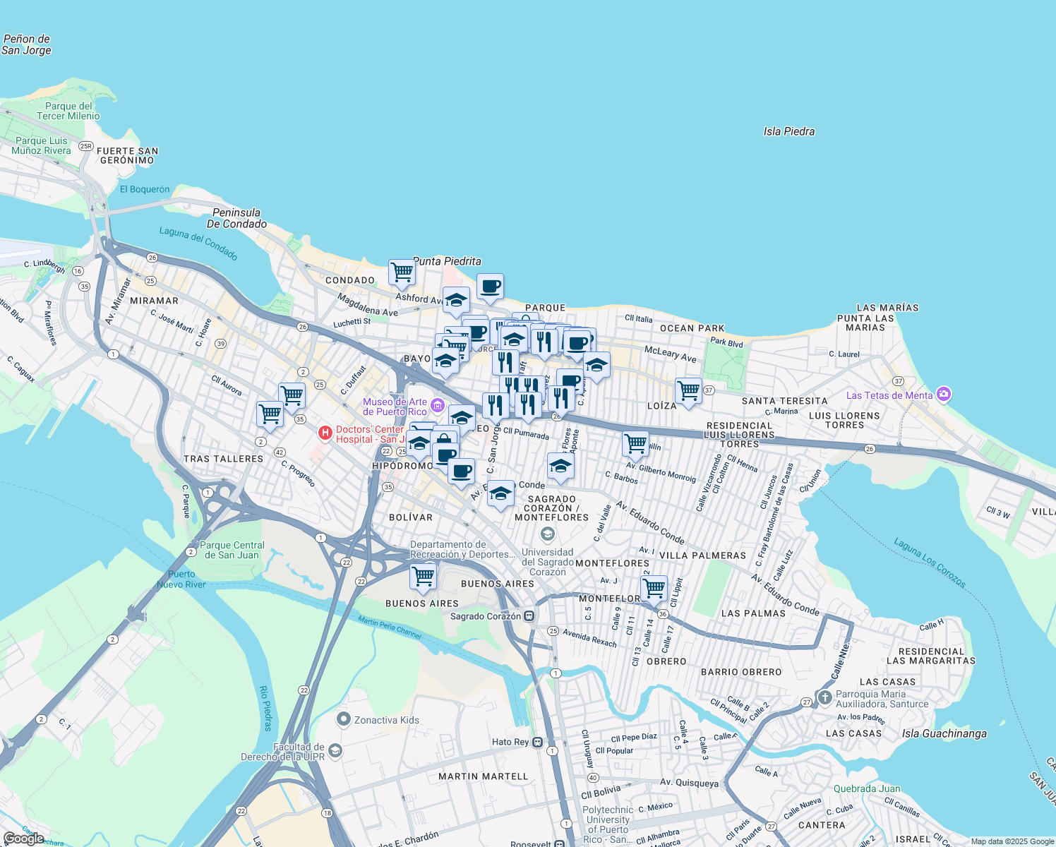 map of restaurants, bars, coffee shops, grocery stores, and more near in San Juan