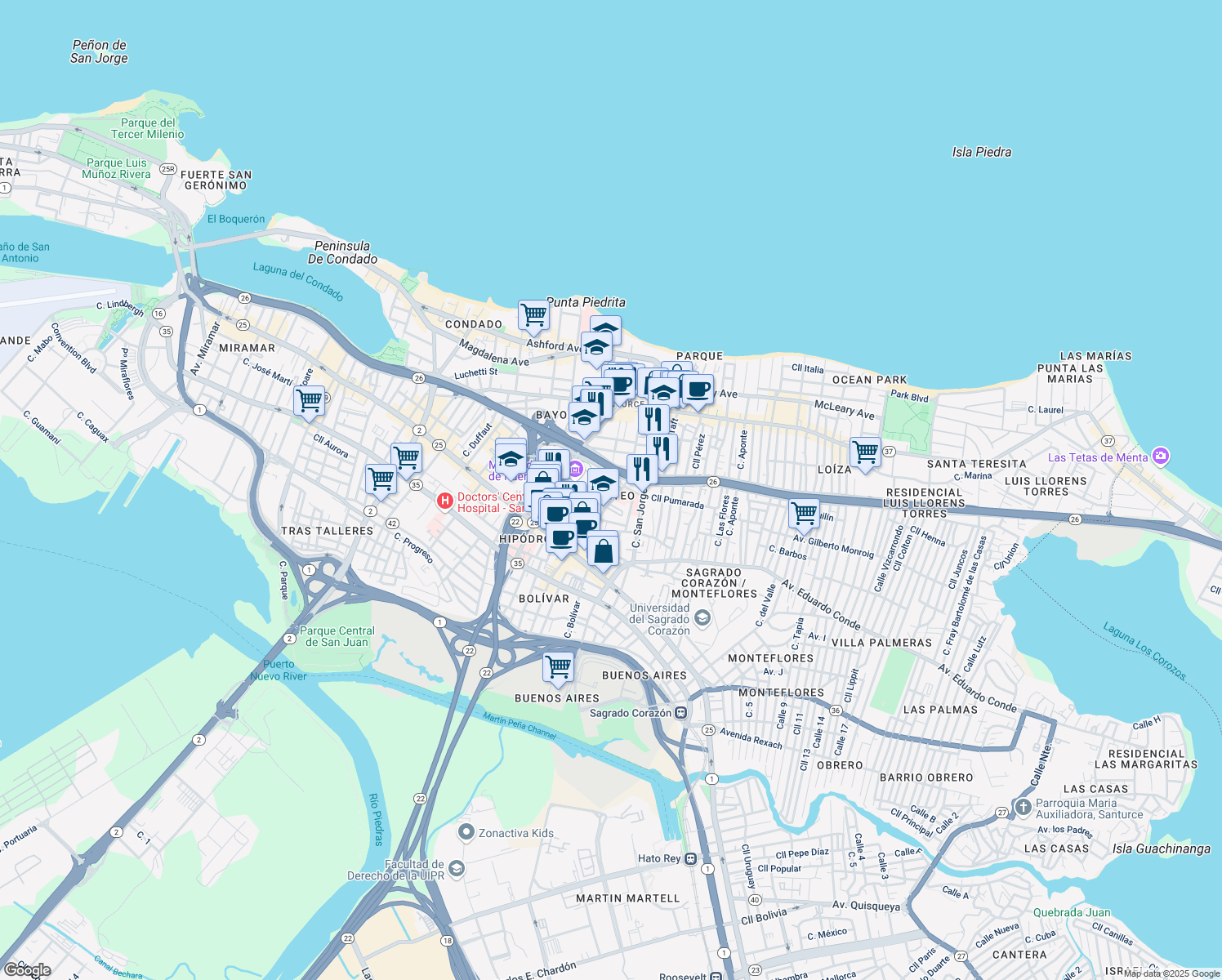 map of restaurants, bars, coffee shops, grocery stores, and more near in San Juan