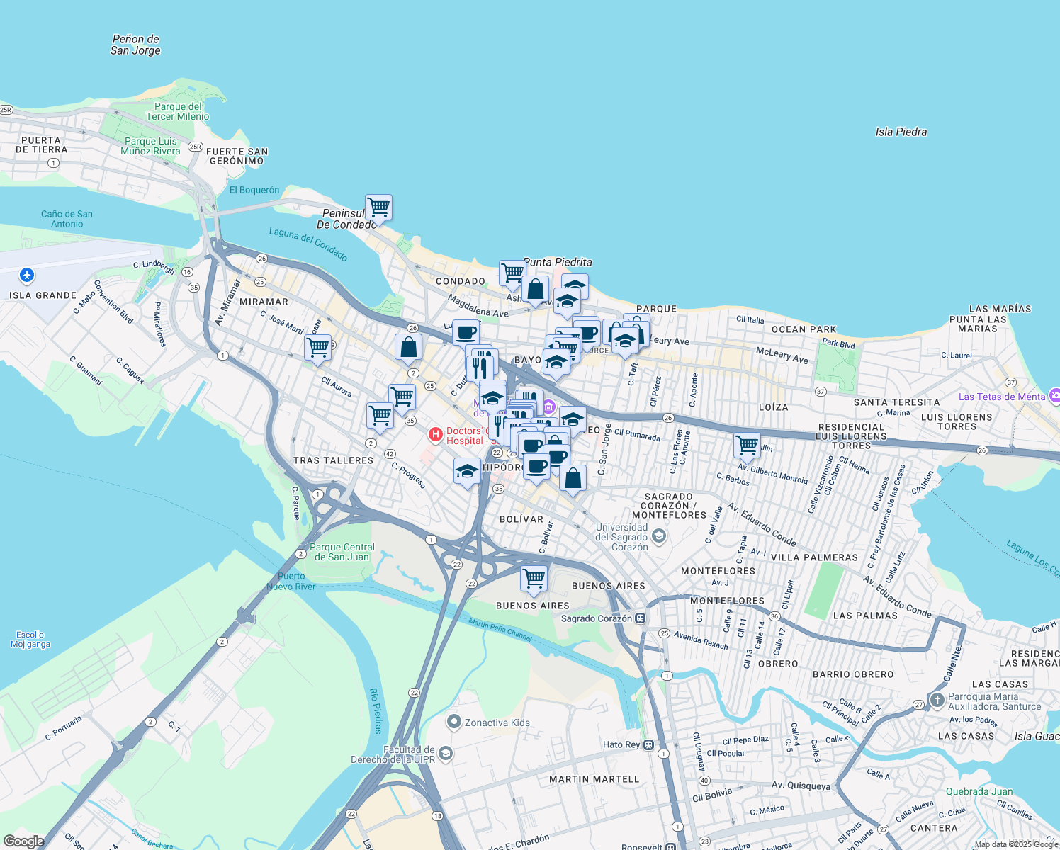 map of restaurants, bars, coffee shops, grocery stores, and more near Cll Rios Rey in San Juan