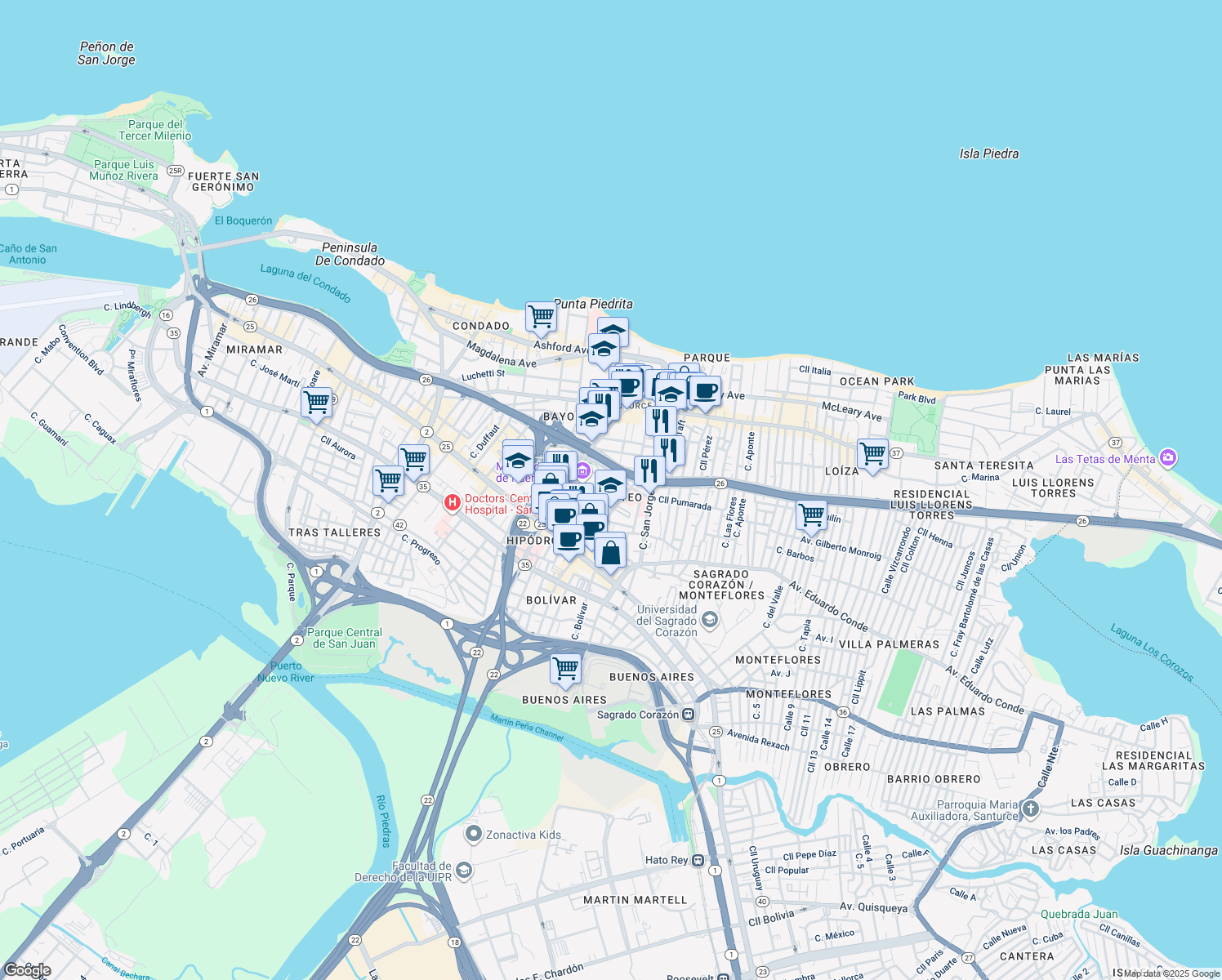 map of restaurants, bars, coffee shops, grocery stores, and more near in San Juan