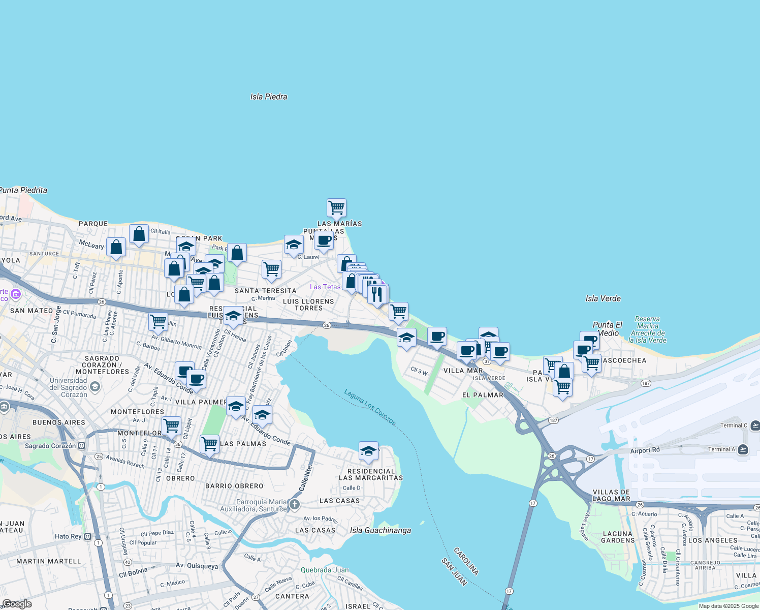 map of restaurants, bars, coffee shops, grocery stores, and more near 3205 Avenida Isla Verde in Carolina
