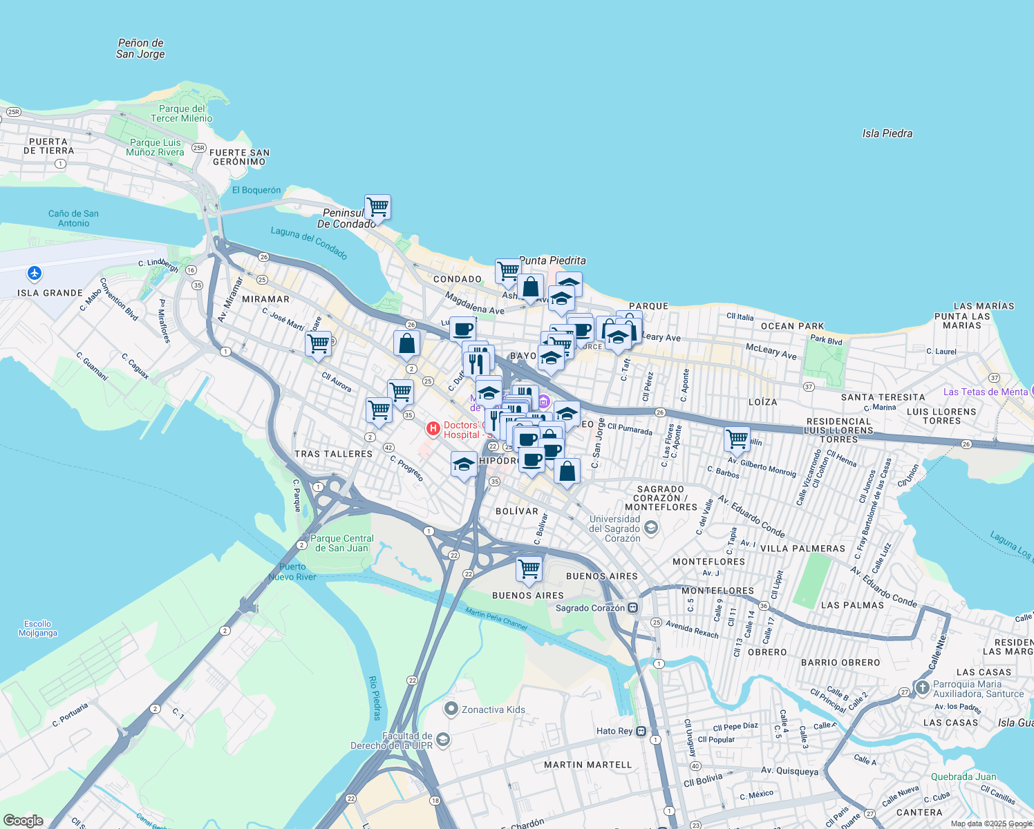 map of restaurants, bars, coffee shops, grocery stores, and more near Calle Rios Rey in San Juan