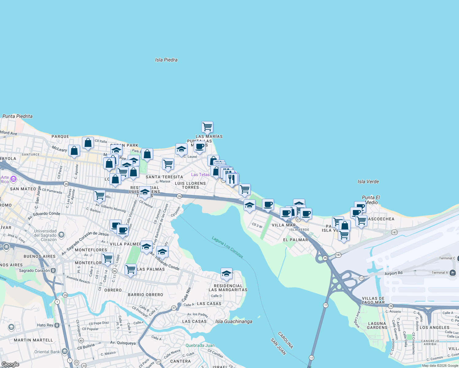 map of restaurants, bars, coffee shops, grocery stores, and more near 3205 Avenida Isla Verde in Carolina