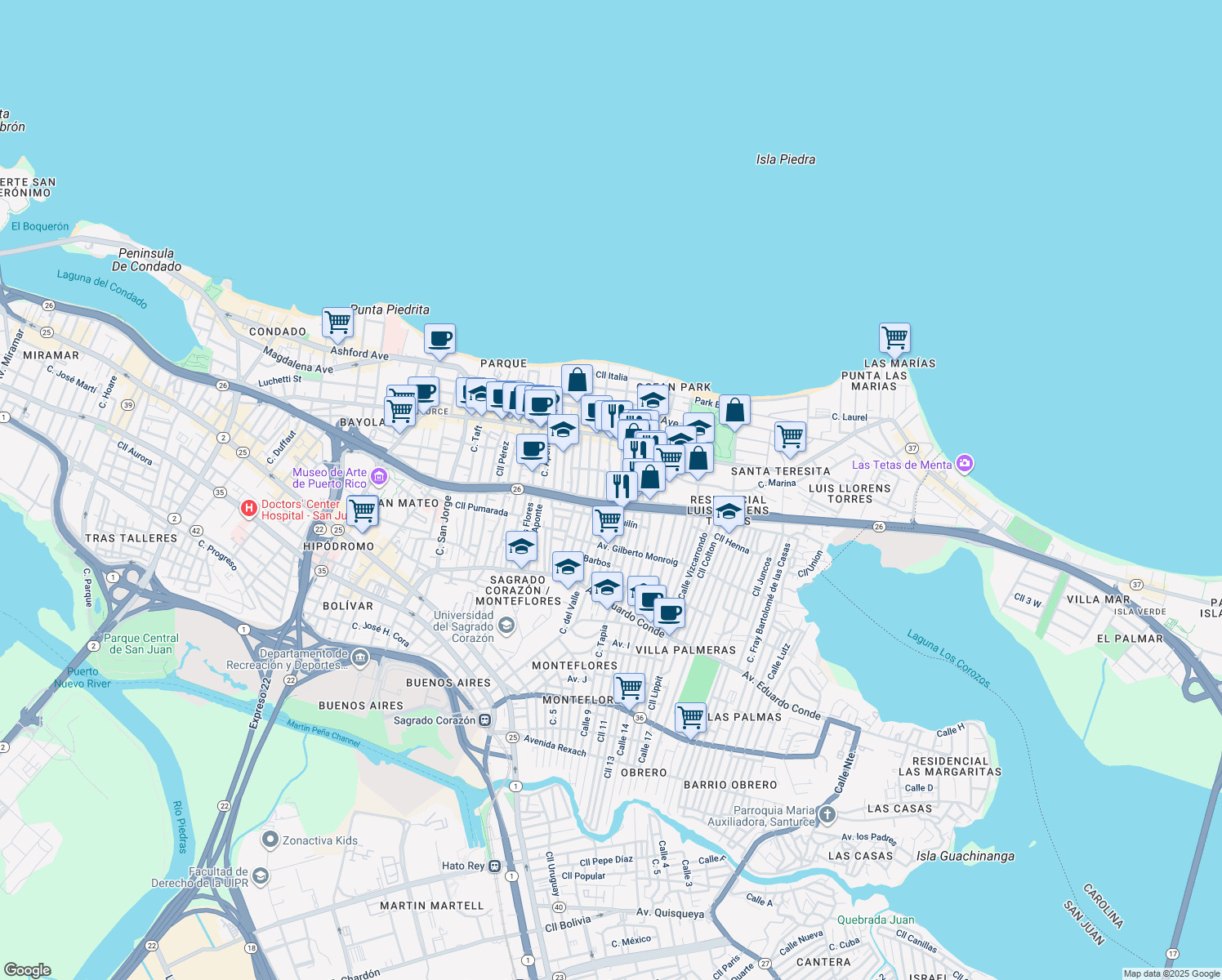map of restaurants, bars, coffee shops, grocery stores, and more near Calle Corona in San Juan