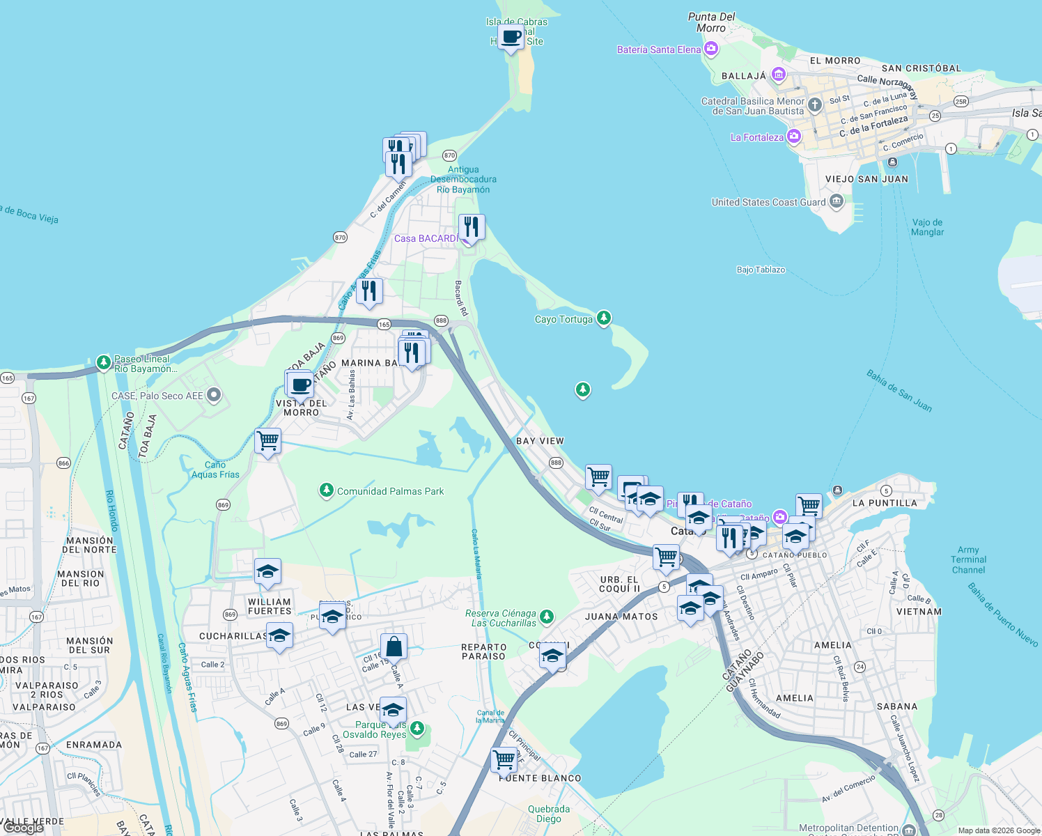 map of restaurants, bars, coffee shops, grocery stores, and more near PR-88 in Cataño