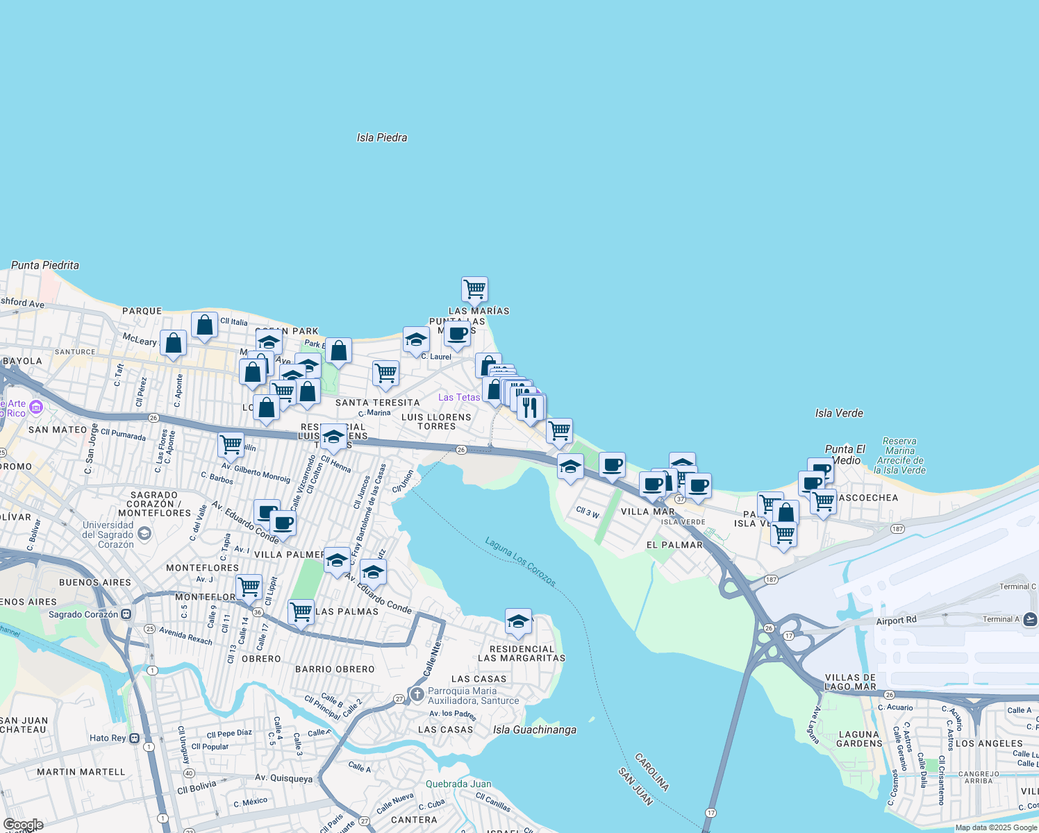 map of restaurants, bars, coffee shops, grocery stores, and more near 3205 Avenida Isla Verde in Carolina