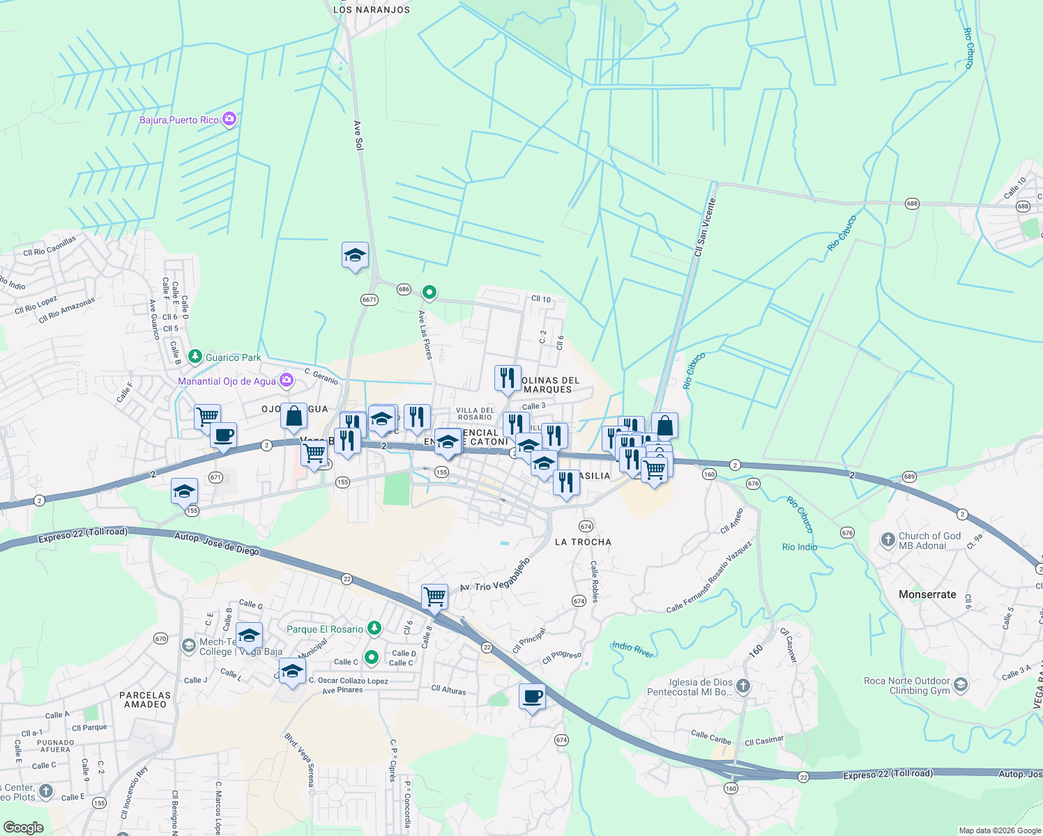 map of restaurants, bars, coffee shops, grocery stores, and more near 18-20 Calle 3 in Vega Baja