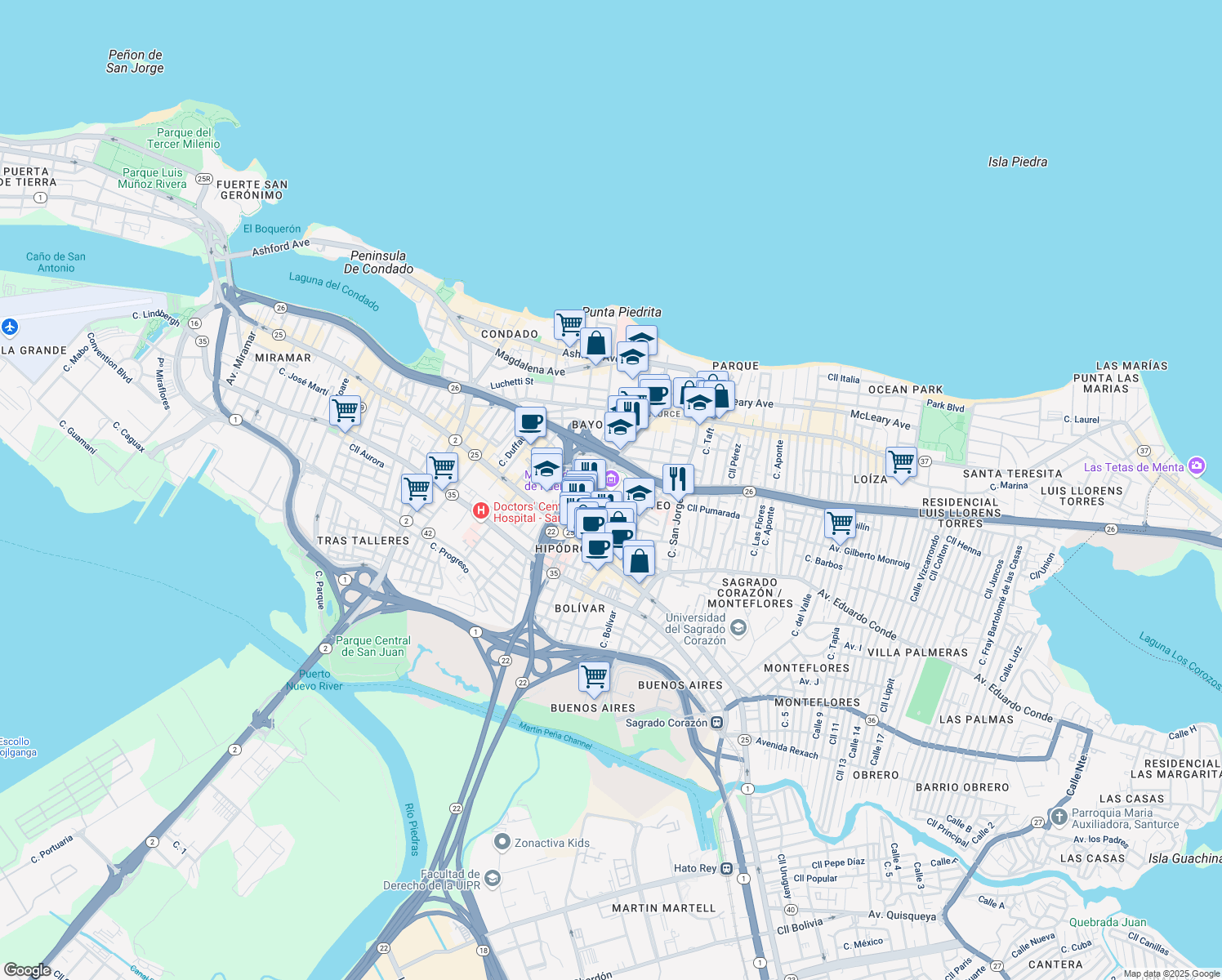 map of restaurants, bars, coffee shops, grocery stores, and more near 299 Avenida de Diego in San Juan