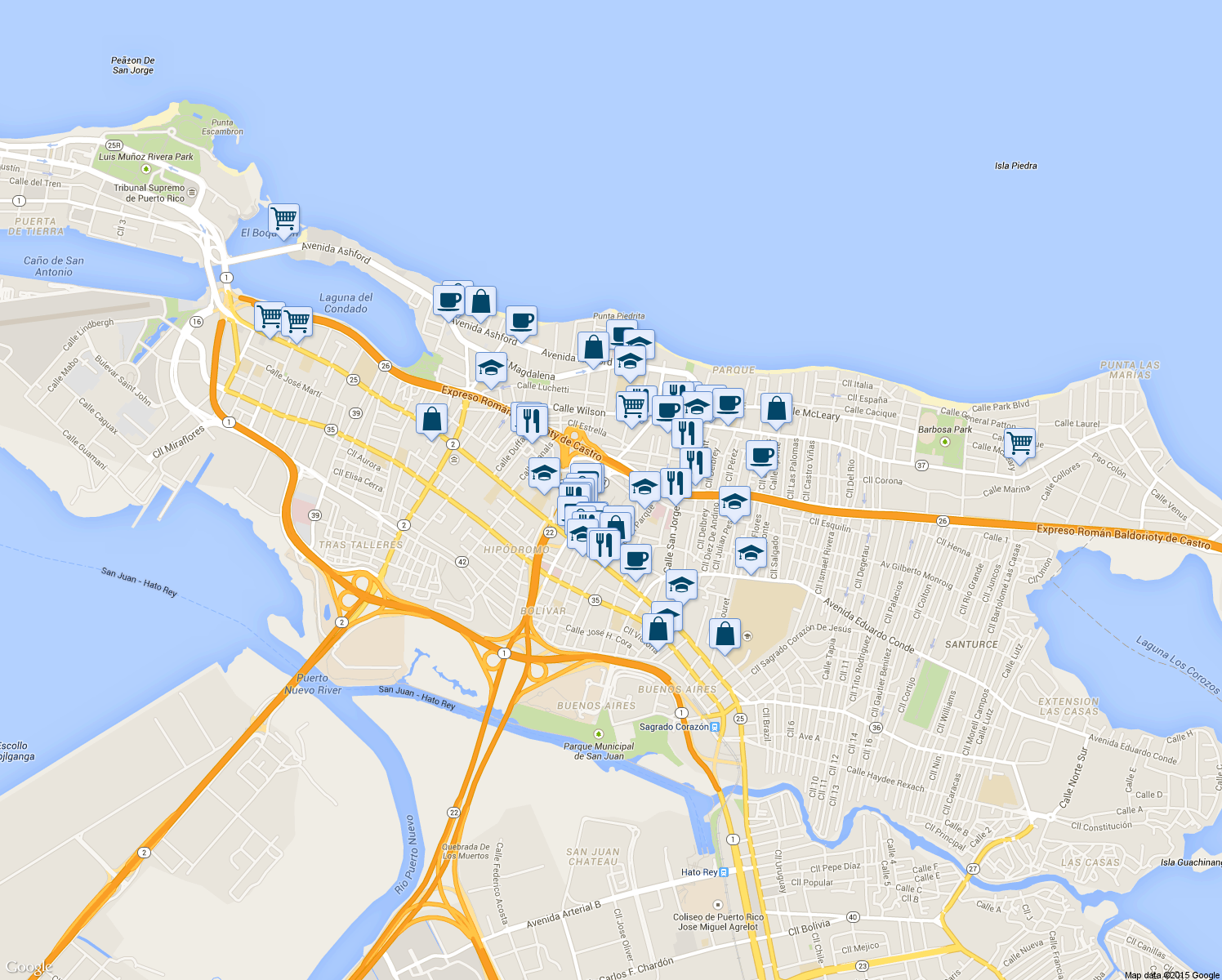 map of restaurants, bars, coffee shops, grocery stores, and more near 299 Avenida de Diego in San Juan