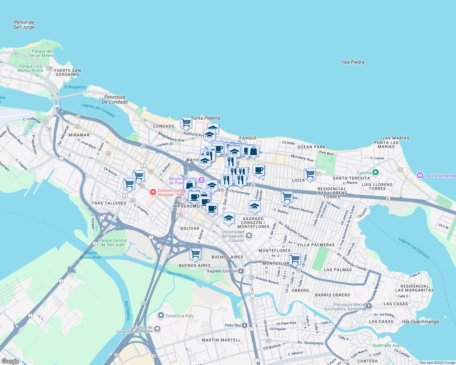 map of restaurants, bars, coffee shops, grocery stores, and more near 201 Calle San Jorge in San Juan