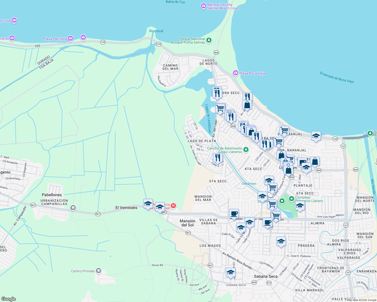 map of restaurants, bars, coffee shops, grocery stores, and more near J 90 Calle 11 in Toa Baja