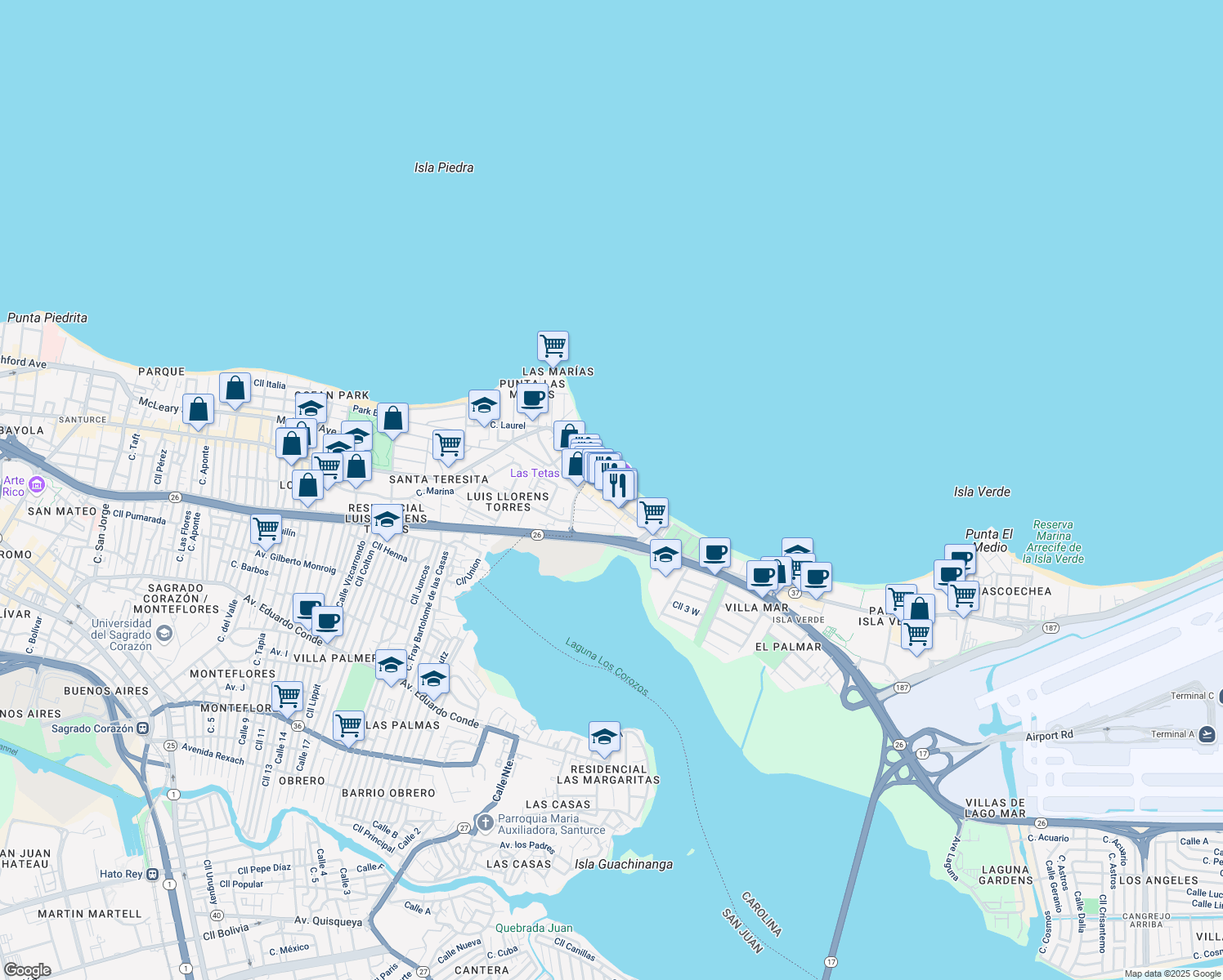 map of restaurants, bars, coffee shops, grocery stores, and more near 3205 Avenida Isla Verde in Carolina