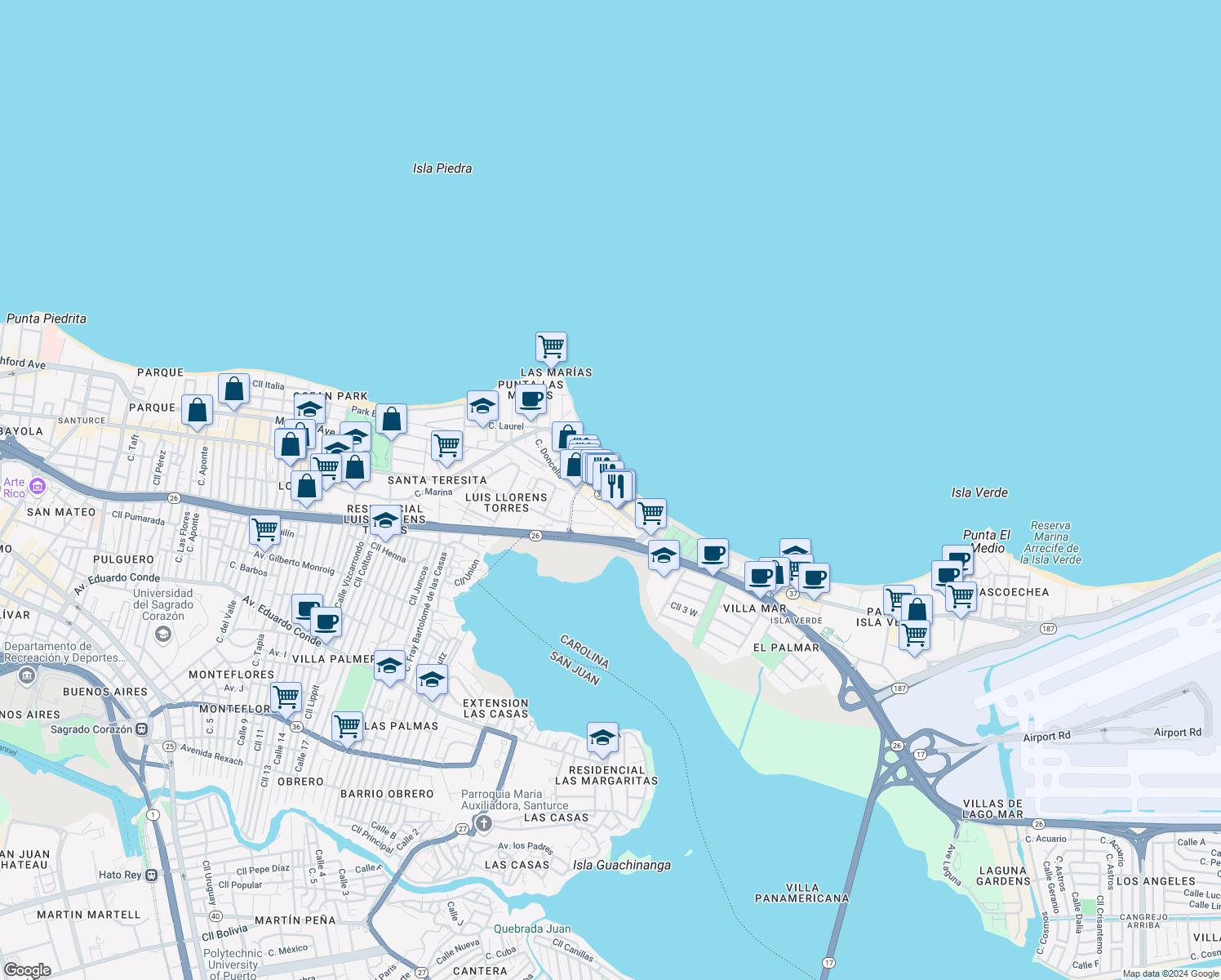 map of restaurants, bars, coffee shops, grocery stores, and more near 3205 Avenida Isla Verde in Carolina
