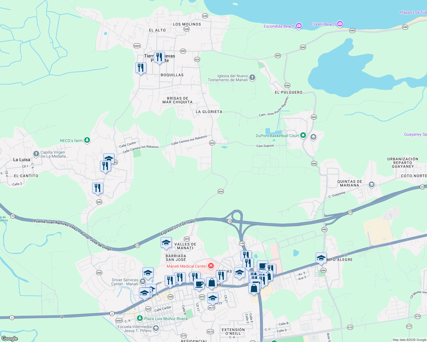 map of restaurants, bars, coffee shops, grocery stores, and more near in Tierras Nuevas Poniente