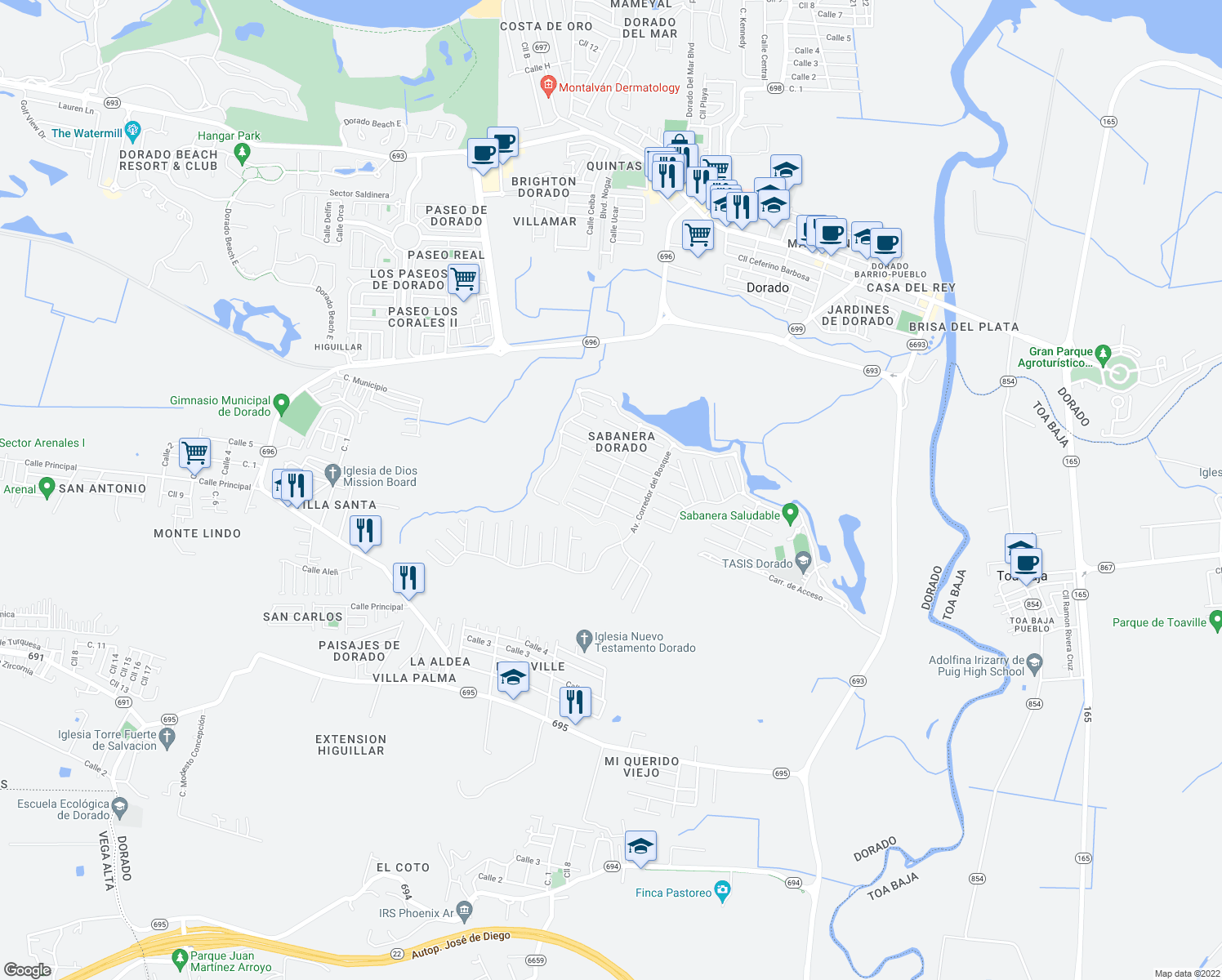 map of restaurants, bars, coffee shops, grocery stores, and more near Camino del Guayacán in Dorado