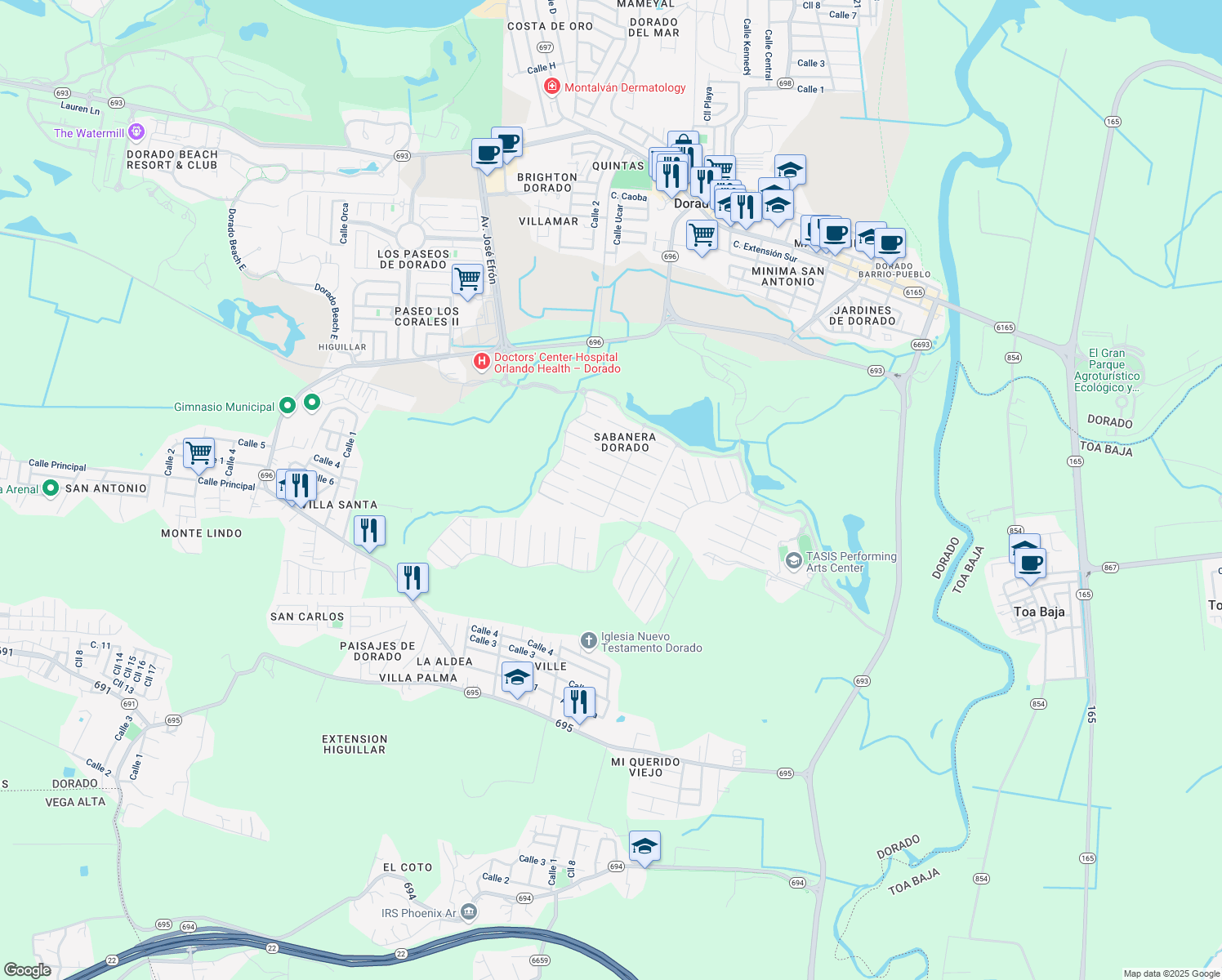 map of restaurants, bars, coffee shops, grocery stores, and more near Camino del Guayacán in Dorado