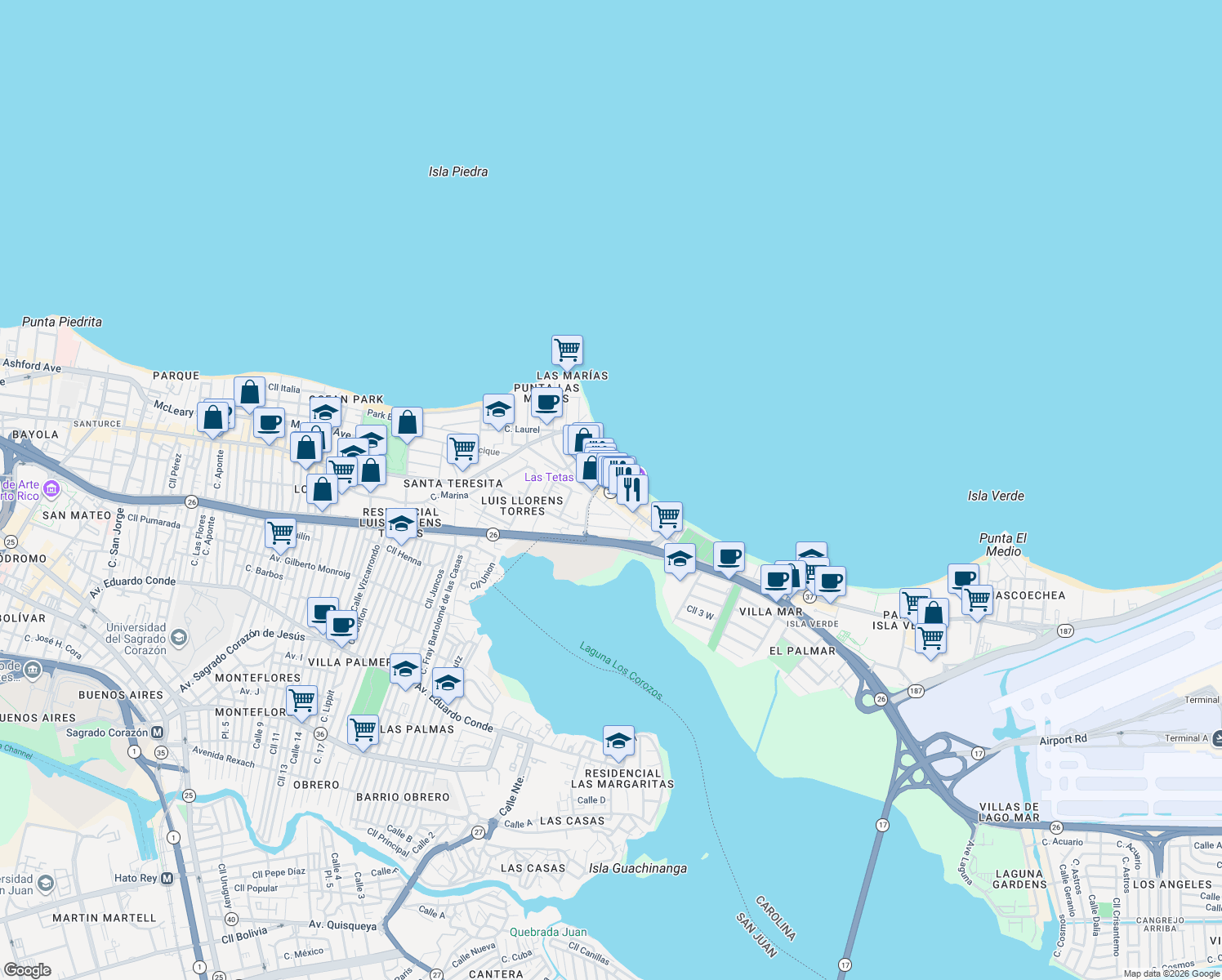 map of restaurants, bars, coffee shops, grocery stores, and more near in San Juan