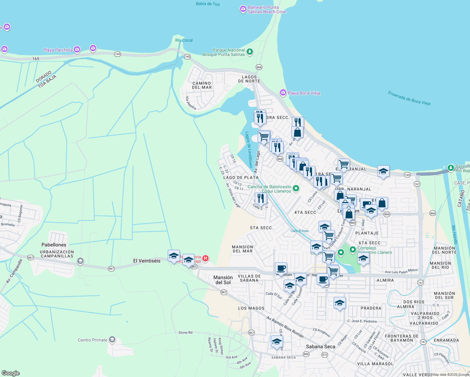 map of restaurants, bars, coffee shops, grocery stores, and more near J 90 Calle 11 in Toa Baja