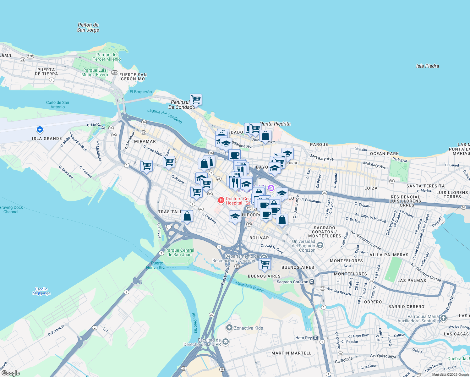 map of restaurants, bars, coffee shops, grocery stores, and more near 1404-1410 Calle Salvador Pratts in San Juan