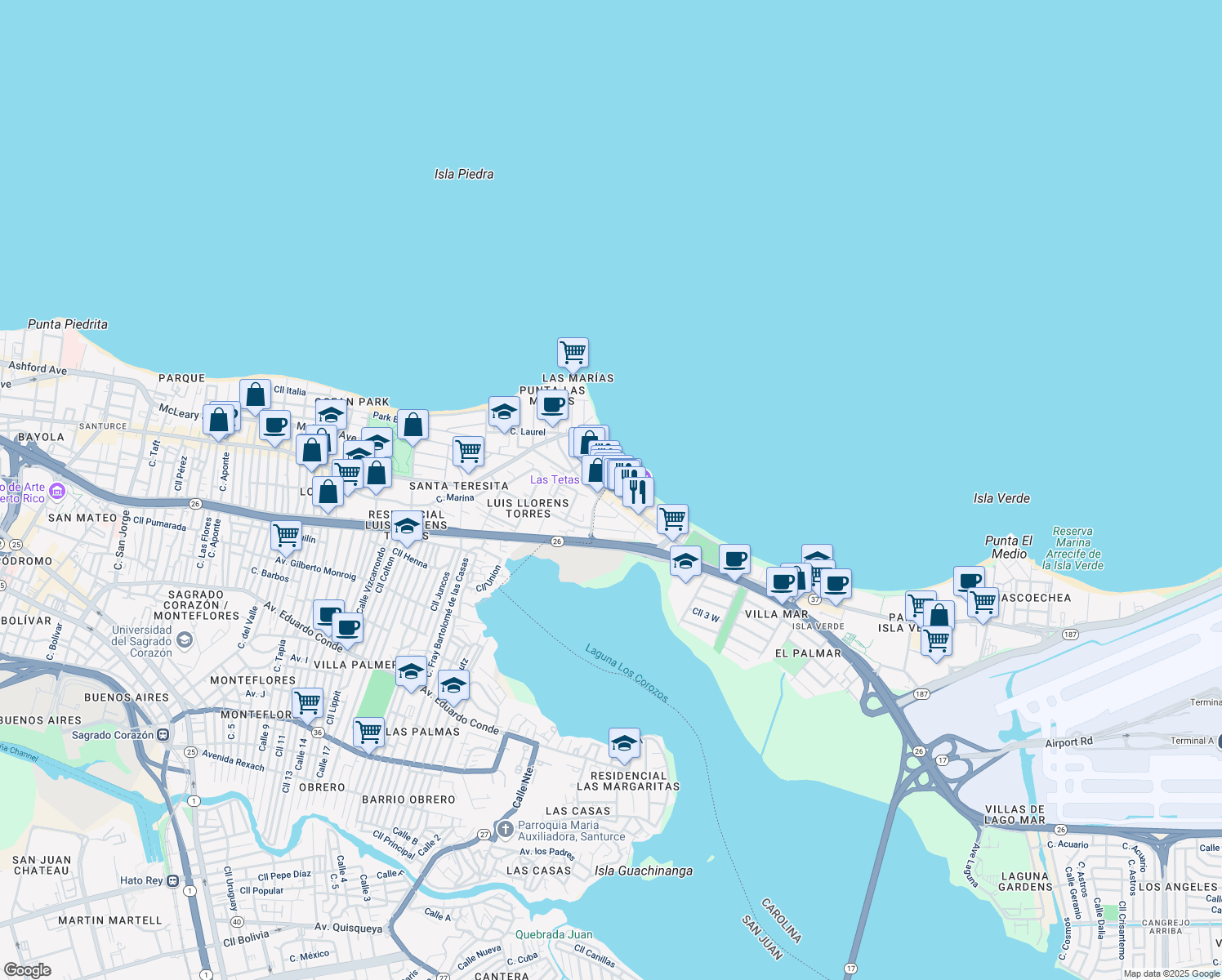 map of restaurants, bars, coffee shops, grocery stores, and more near 32 Calle Venus in Carolina