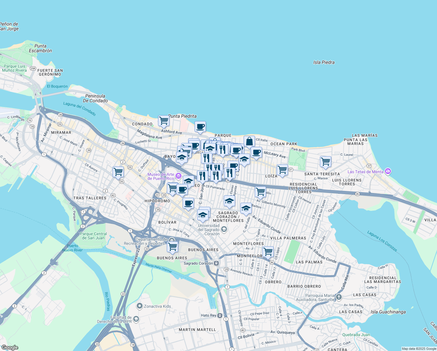 map of restaurants, bars, coffee shops, grocery stores, and more near 149-153 Cll Pérez in San Juan