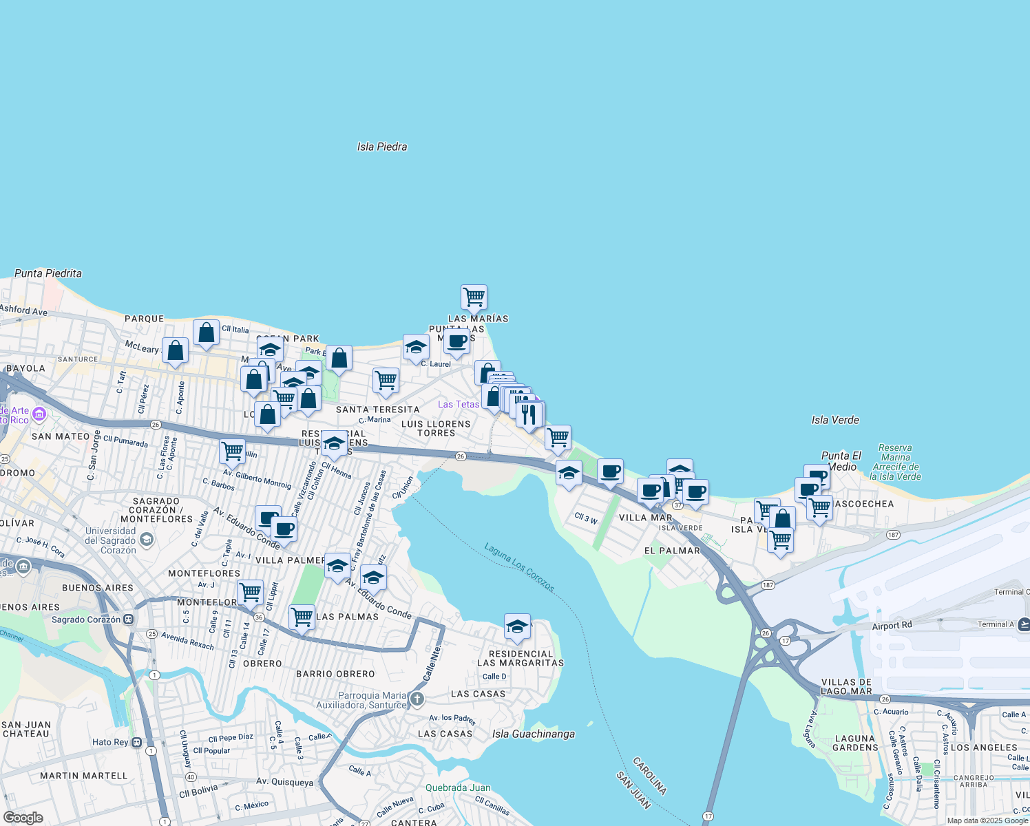 map of restaurants, bars, coffee shops, grocery stores, and more near 3001 Avenida Isla Verde in Carolina