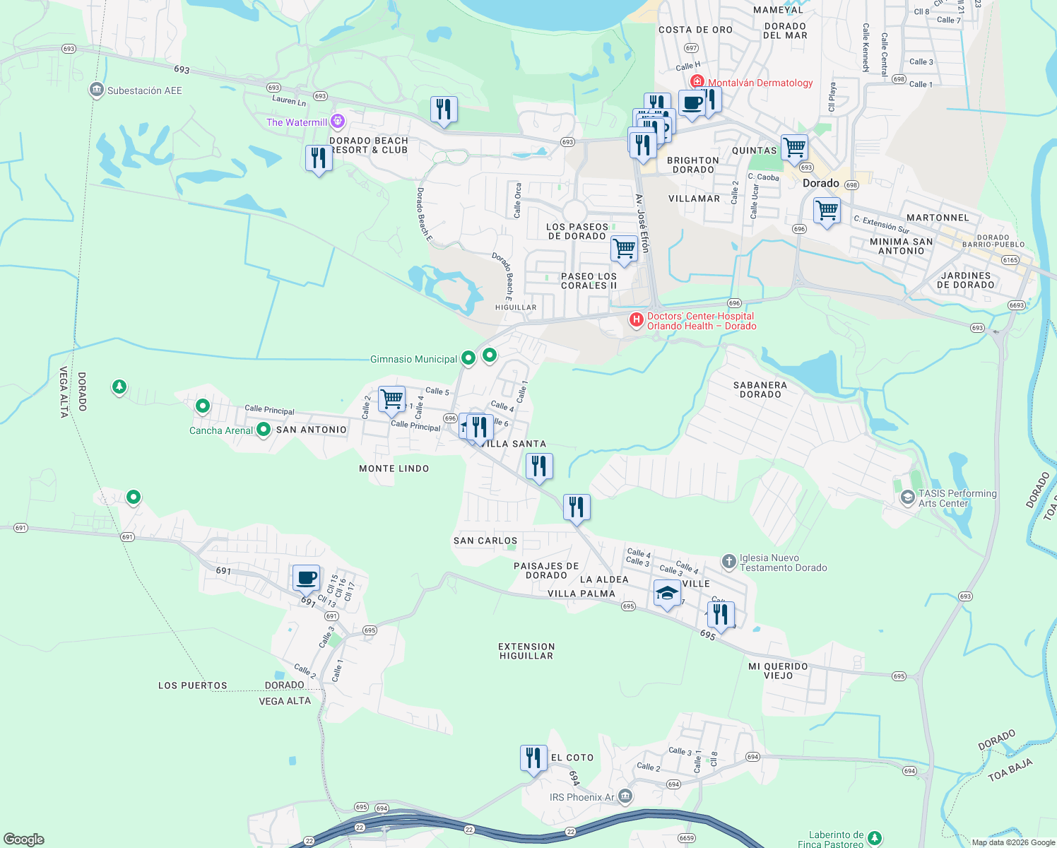 map of restaurants, bars, coffee shops, grocery stores, and more near Calle 3 in Dorado