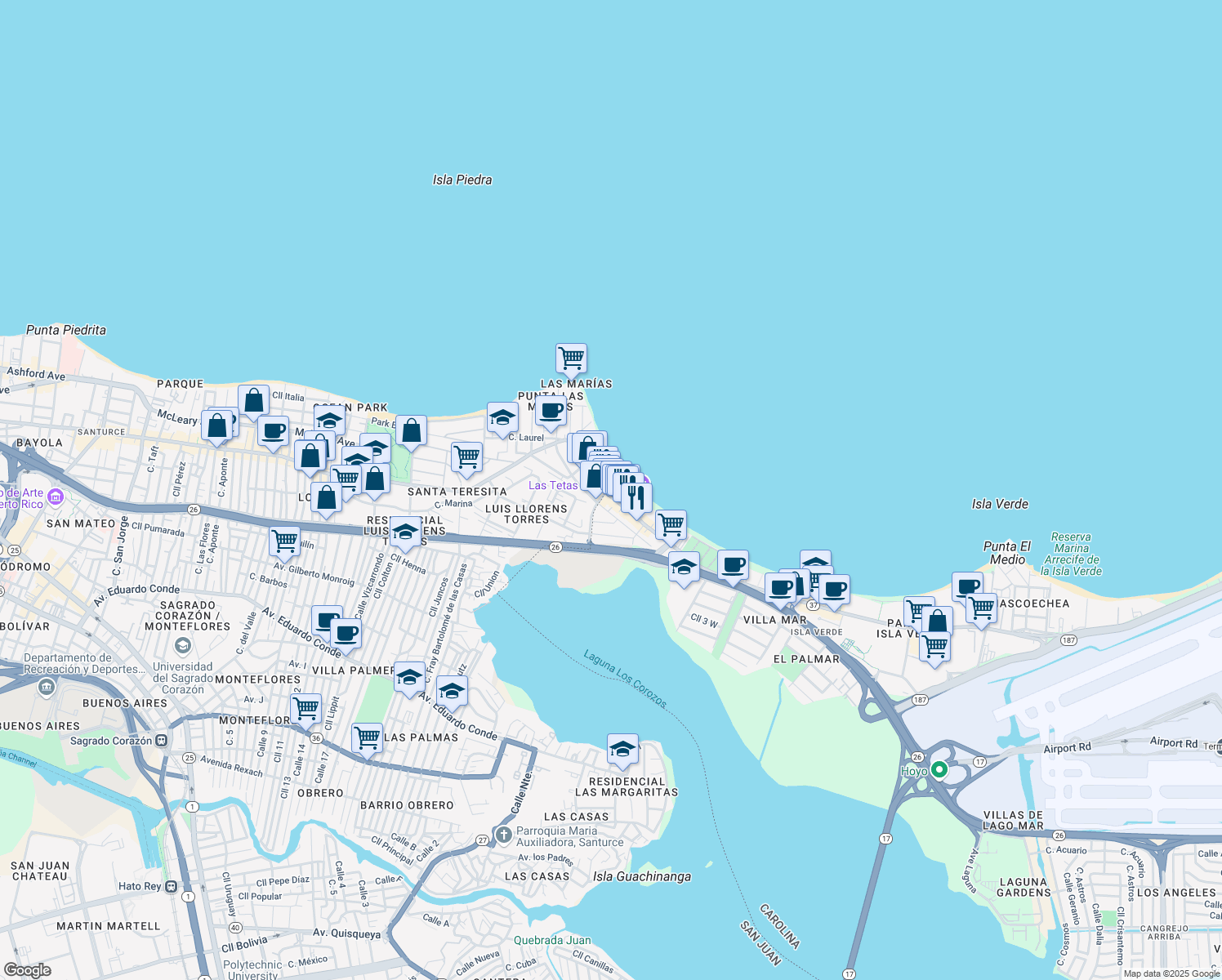map of restaurants, bars, coffee shops, grocery stores, and more near 32 Calle Venus in Carolina