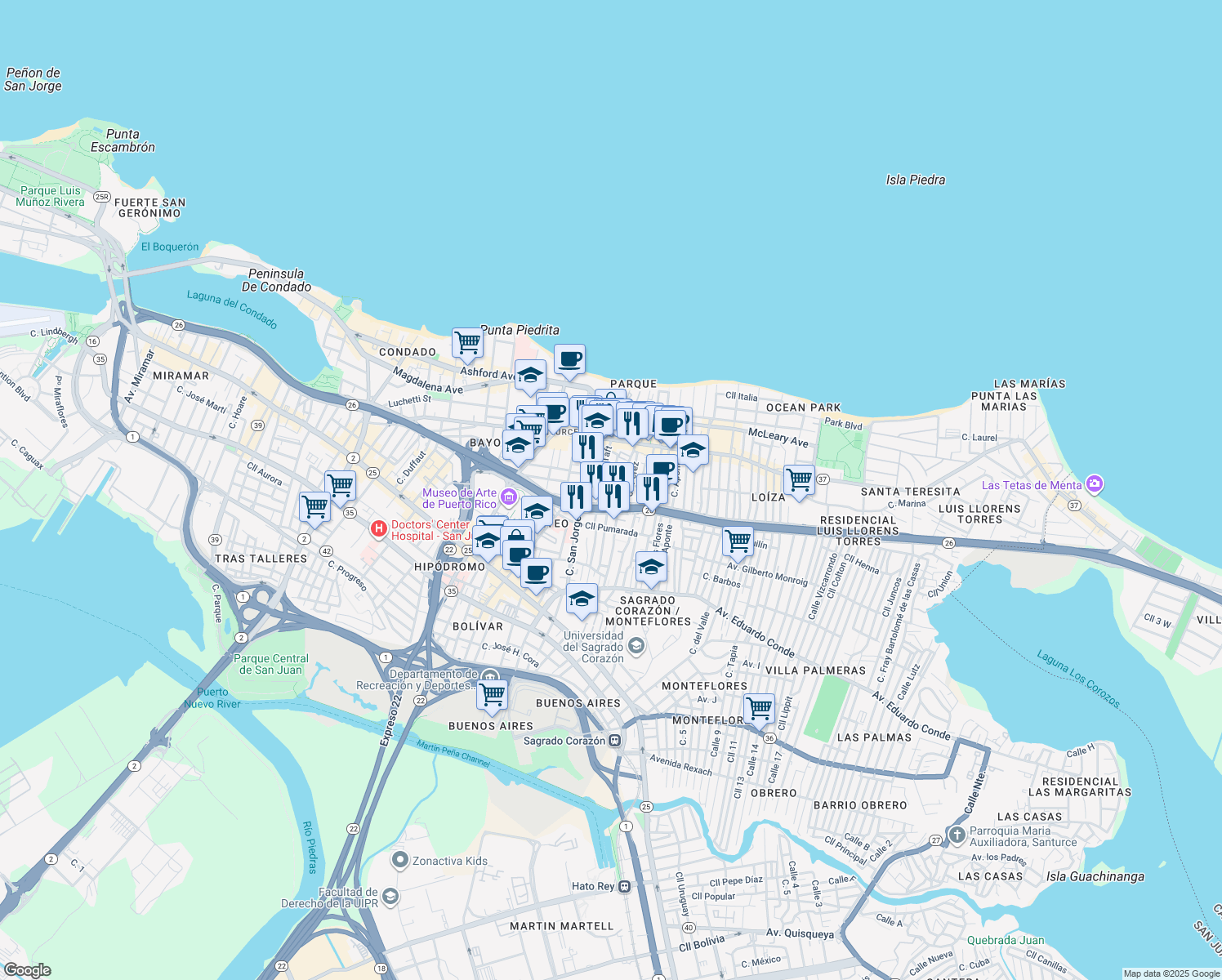 map of restaurants, bars, coffee shops, grocery stores, and more near in San Juan