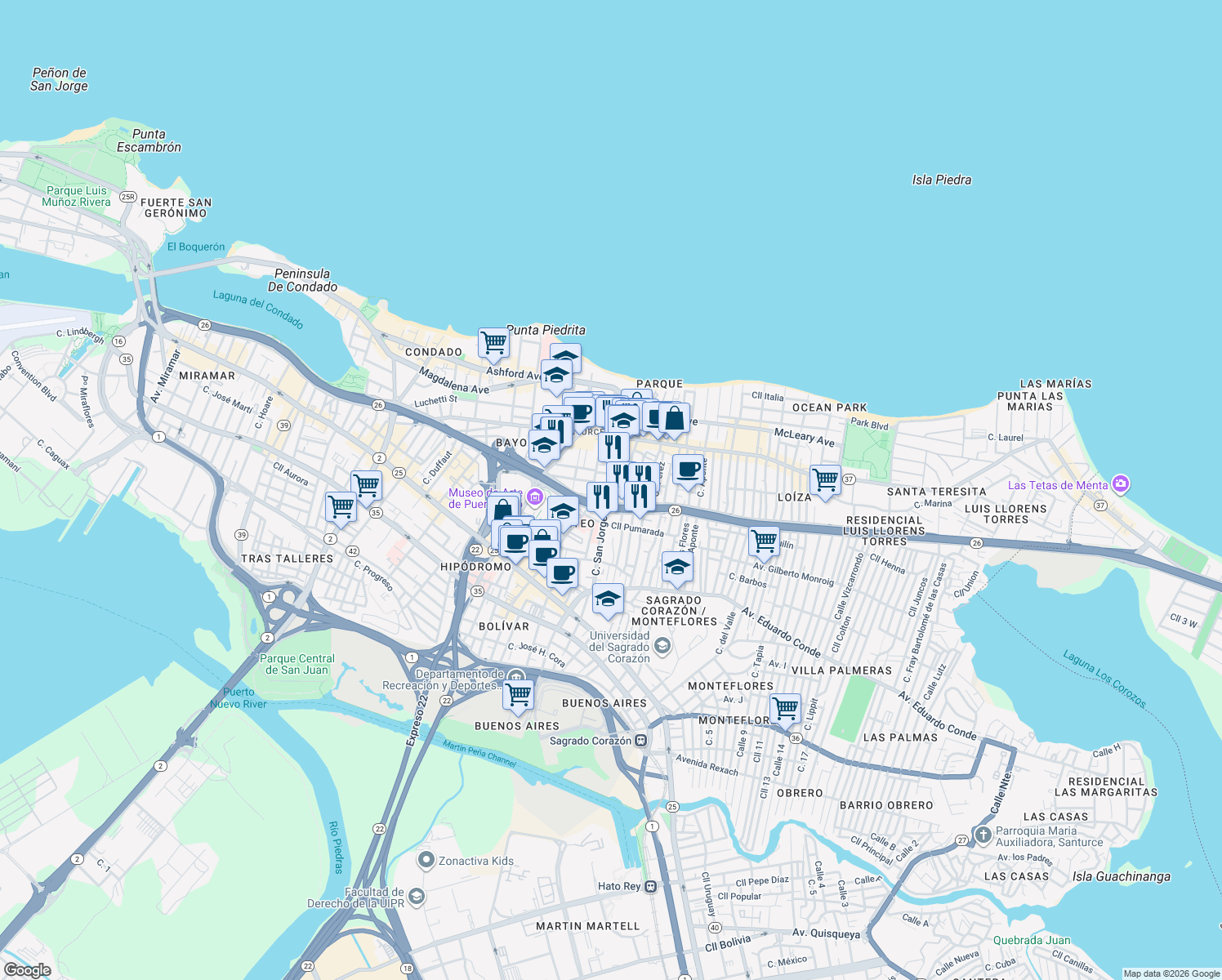 map of restaurants, bars, coffee shops, grocery stores, and more near 201 Calle San Jorge in San Juan