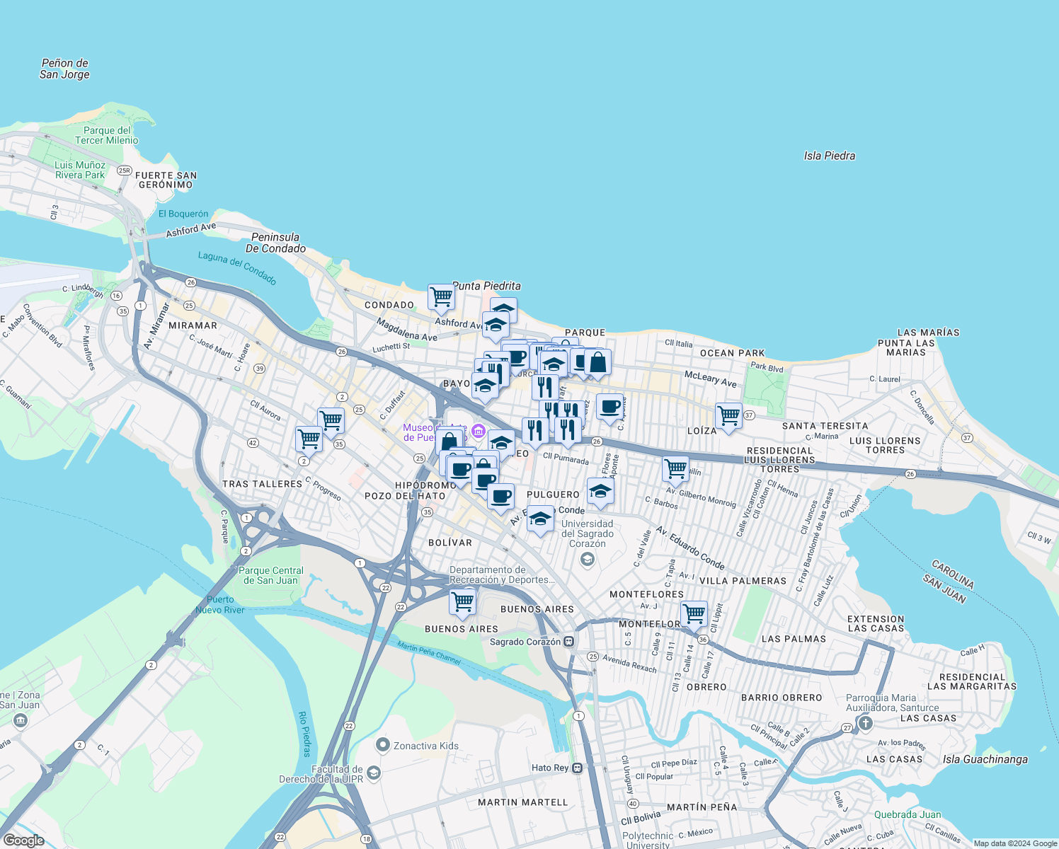 map of restaurants, bars, coffee shops, grocery stores, and more near 201 Calle San Jorge in San Juan
