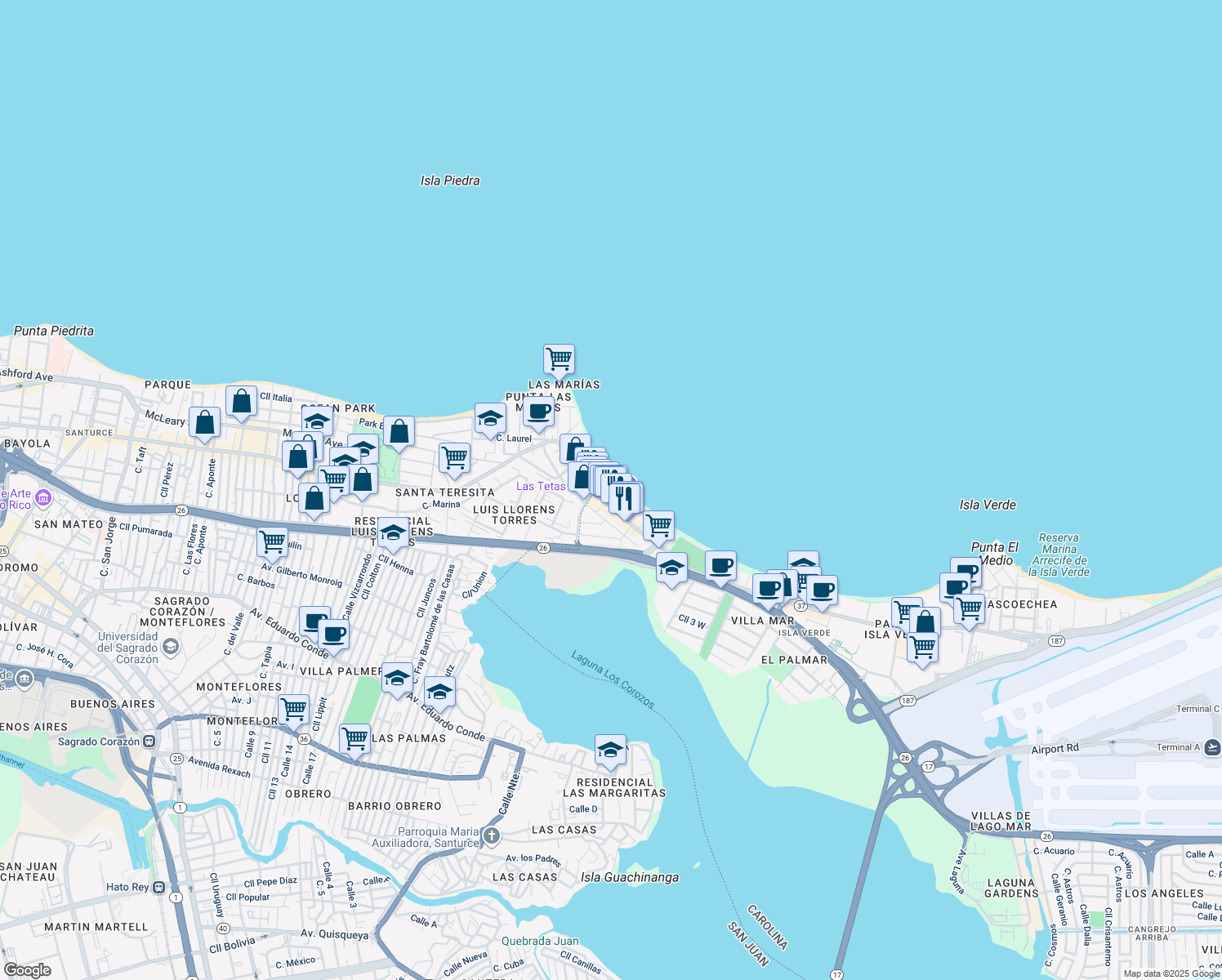 map of restaurants, bars, coffee shops, grocery stores, and more near 3103 Avenida Isla Verde in Carolina