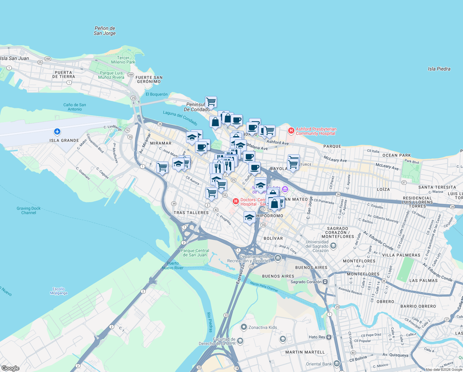 map of restaurants, bars, coffee shops, grocery stores, and more near 1259-1261 Av Juan Ponce De León in San Juan
