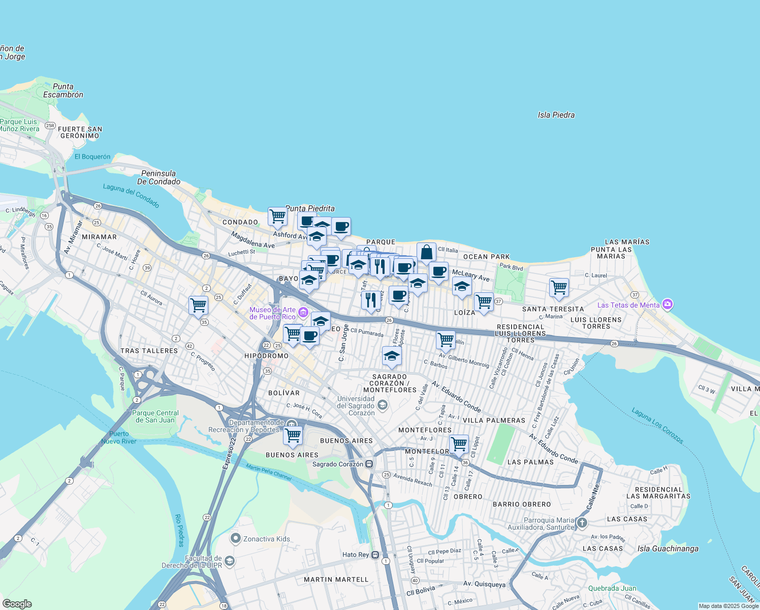 map of restaurants, bars, coffee shops, grocery stores, and more near 149 Calle Pérez in San Juan