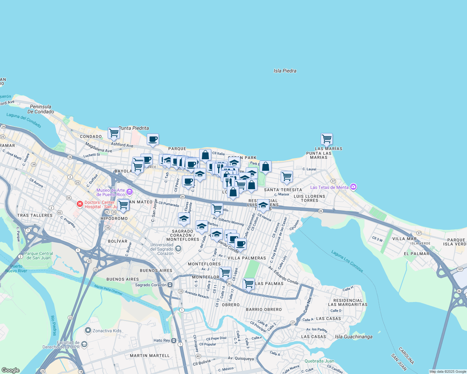 map of restaurants, bars, coffee shops, grocery stores, and more near 101-115 Calle Degetau in San Juan