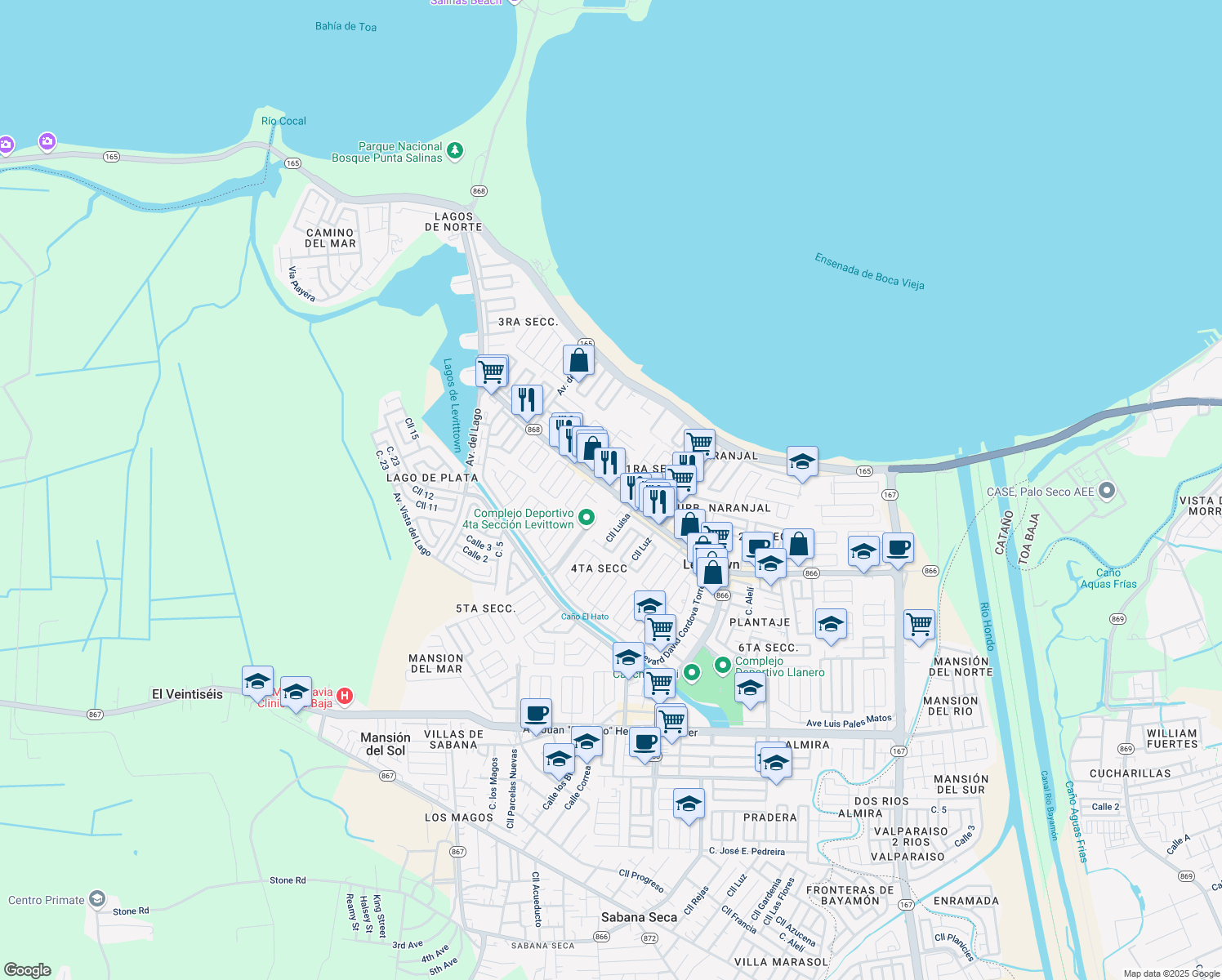 map of restaurants, bars, coffee shops, grocery stores, and more near Boulevard Levittown in Toa Baja