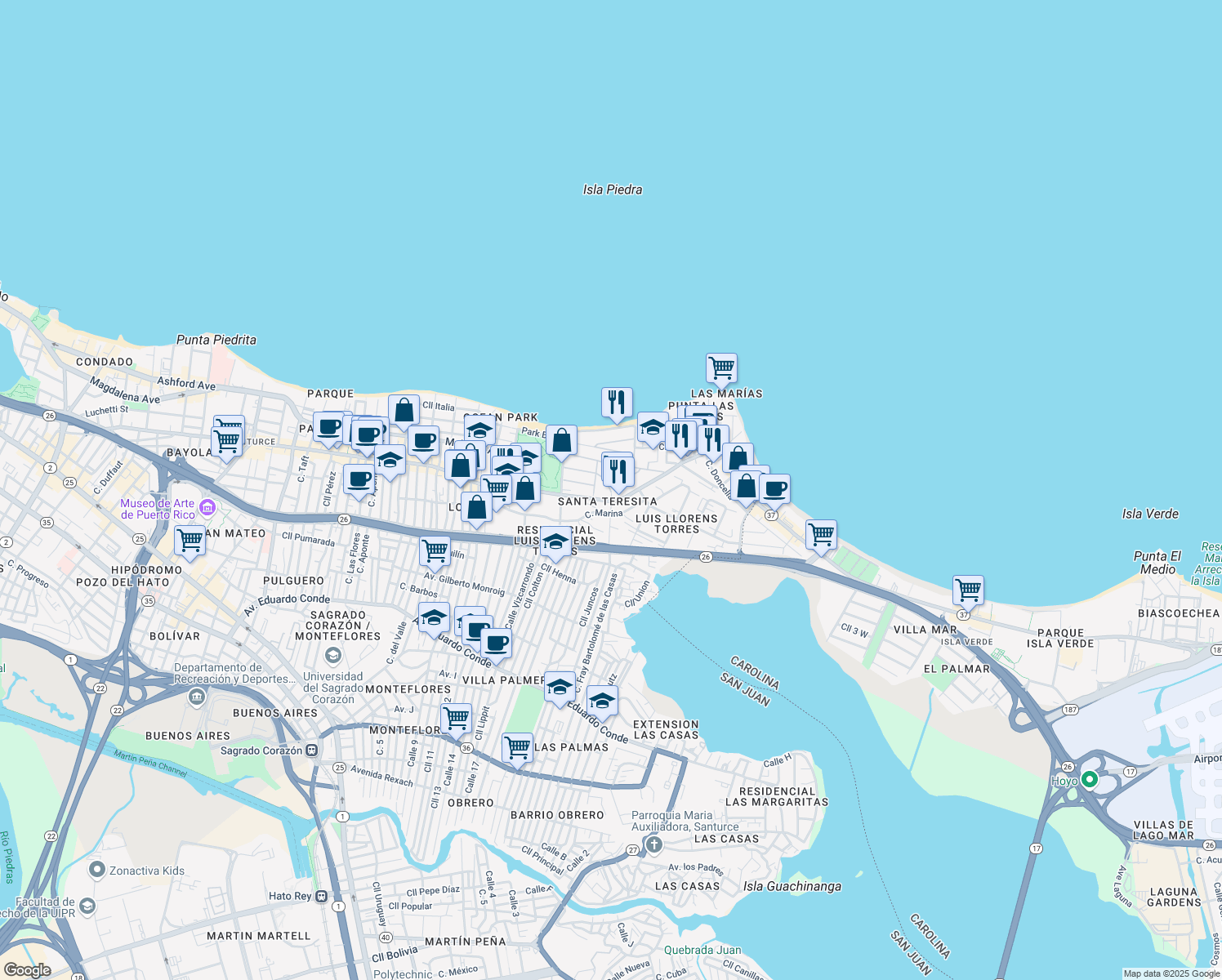 map of restaurants, bars, coffee shops, grocery stores, and more near 2203-2219 Calle McLeary in San Juan