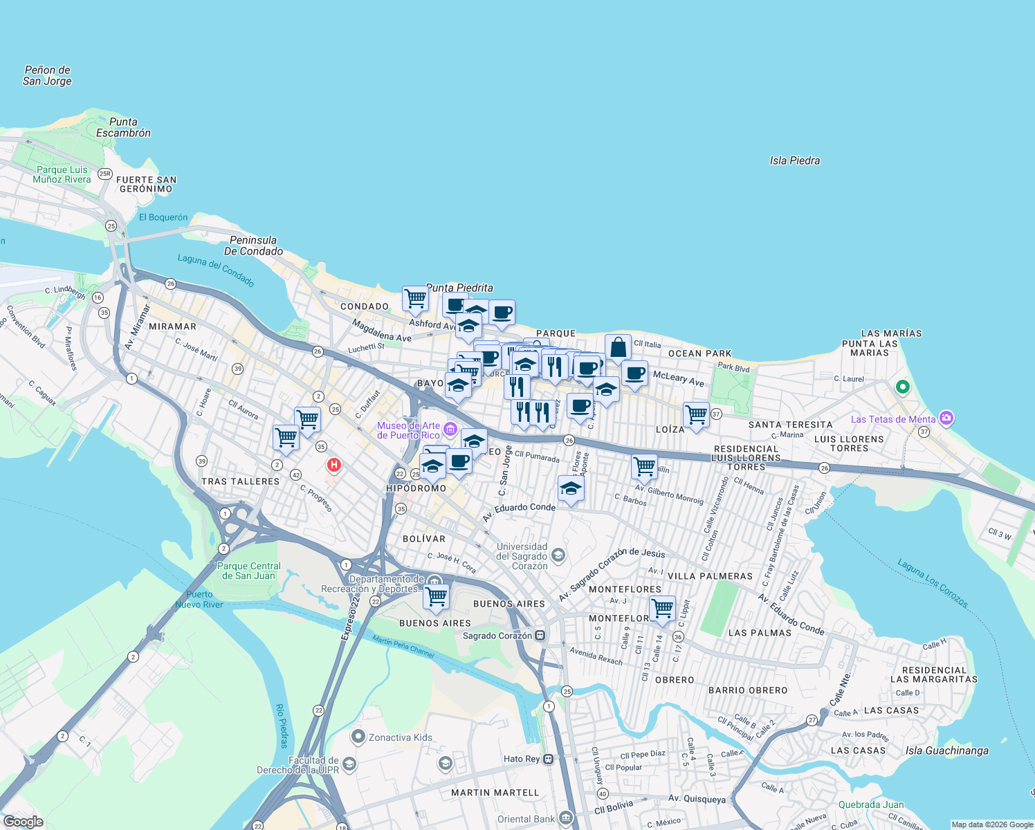 map of restaurants, bars, coffee shops, grocery stores, and more near 154-160 Calle Taft in San Juan