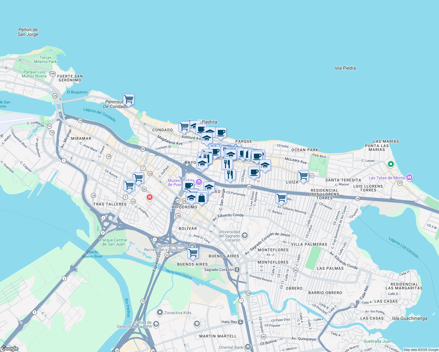 map of restaurants, bars, coffee shops, grocery stores, and more near 167 Calle del Parque in San Juan