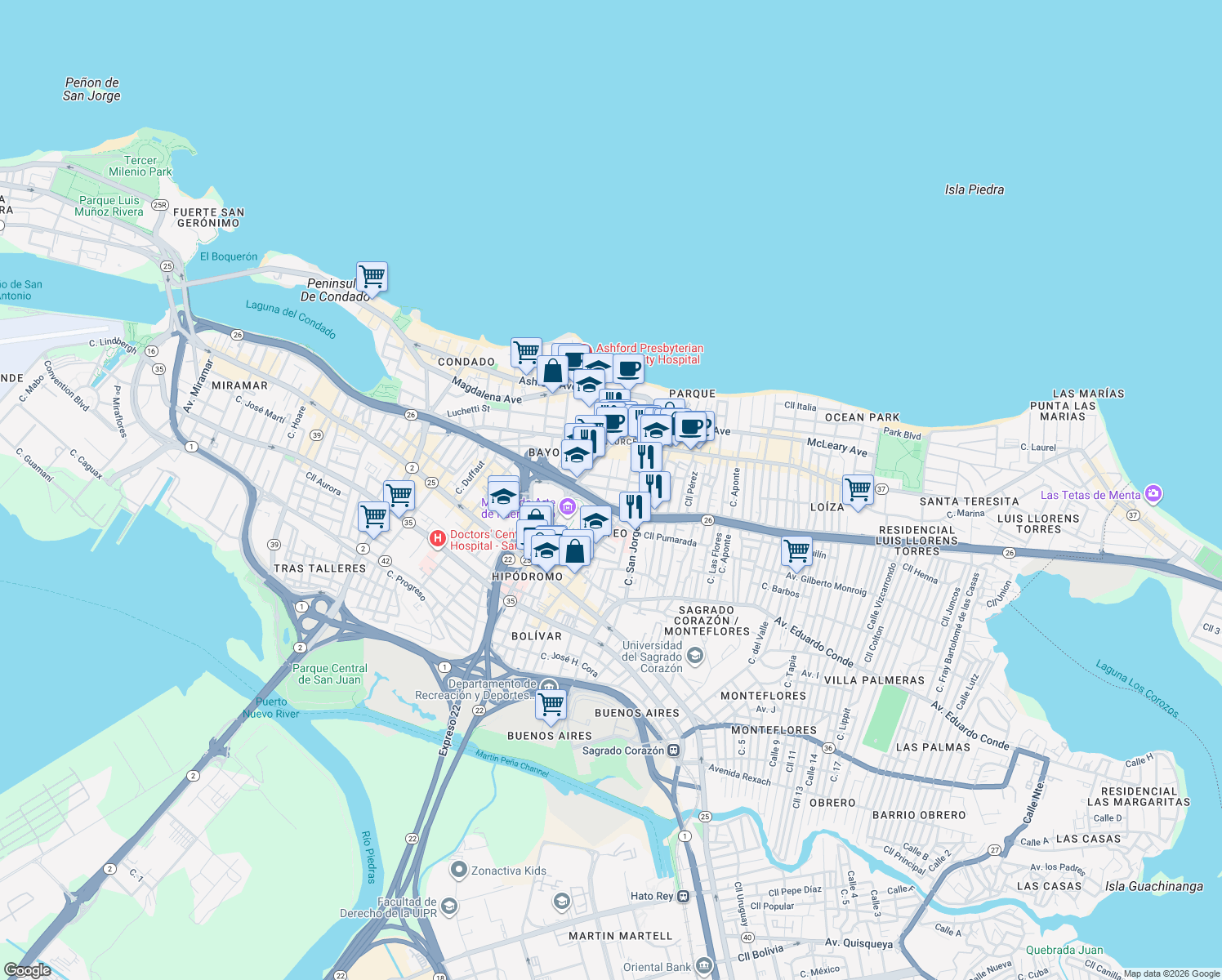 map of restaurants, bars, coffee shops, grocery stores, and more near 1511-1519 Calle Lopéz Landron in San Juan