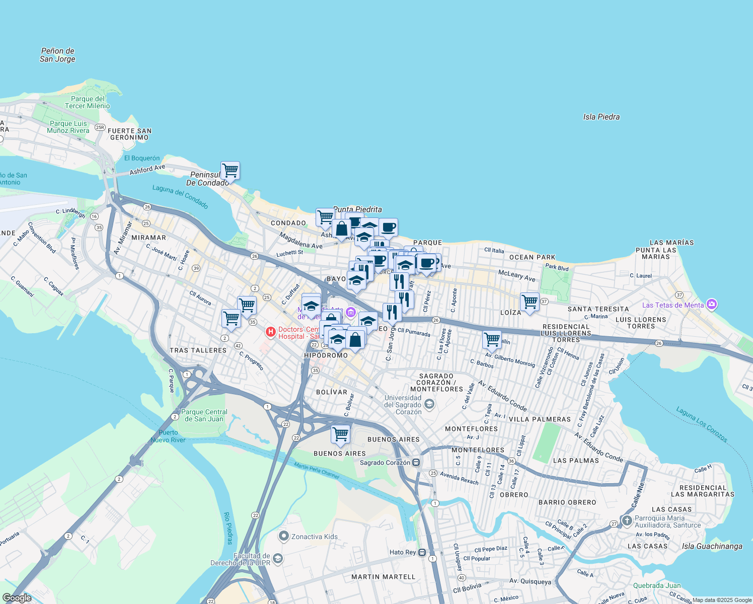 map of restaurants, bars, coffee shops, grocery stores, and more near 1511-1519 Calle Lopéz Landron in San Juan