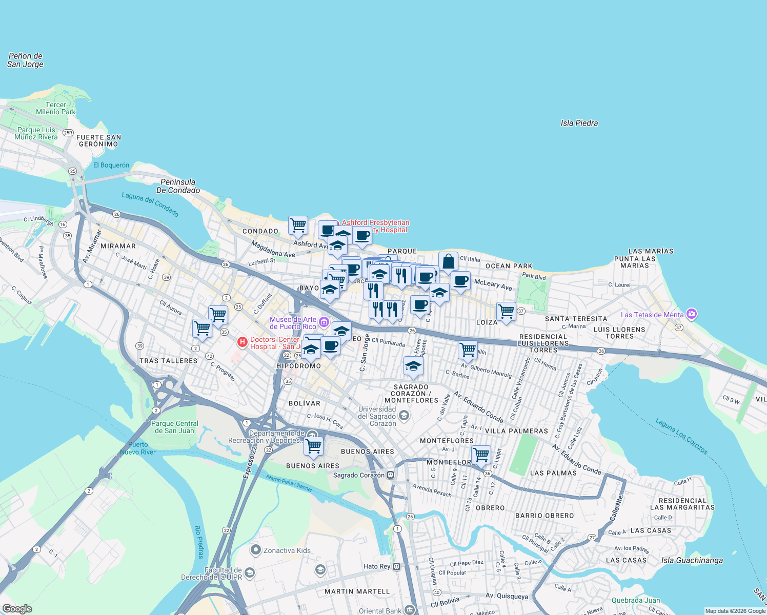 map of restaurants, bars, coffee shops, grocery stores, and more near 154-160 Calle Taft in San Juan