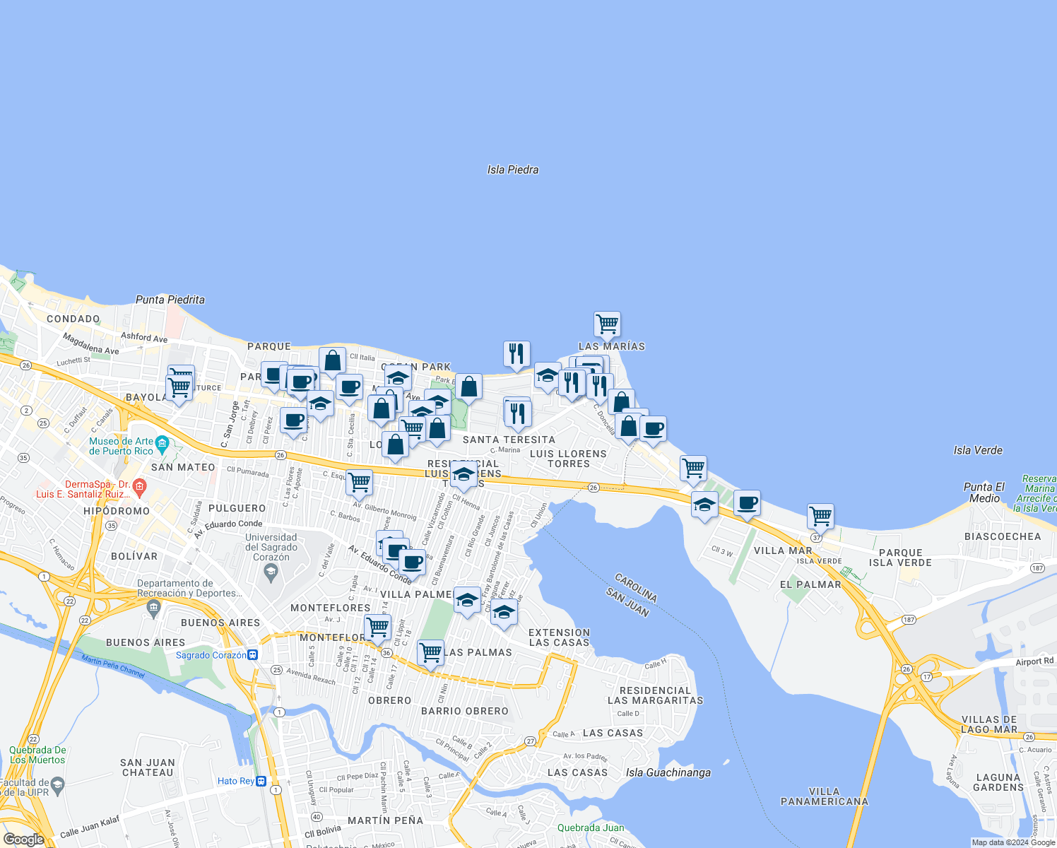 map of restaurants, bars, coffee shops, grocery stores, and more near 2265 Calle Loíza in San Juan