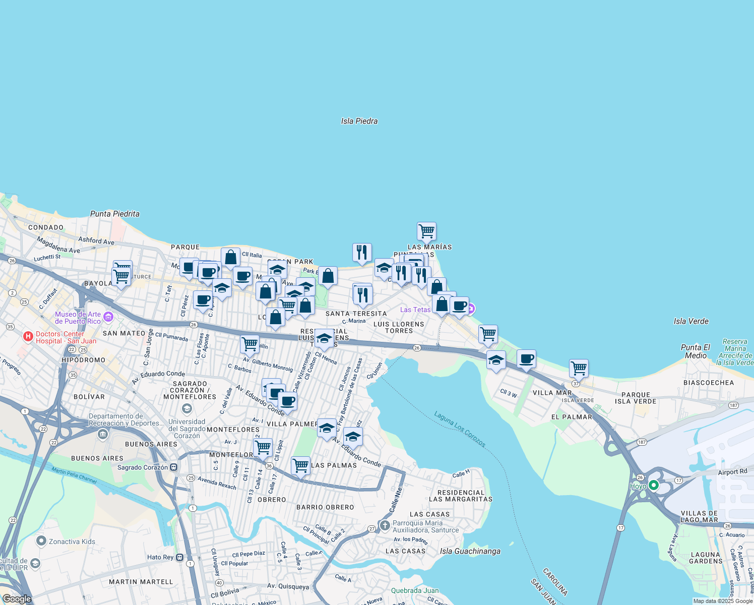 map of restaurants, bars, coffee shops, grocery stores, and more near 2265 Calle Loíza in San Juan