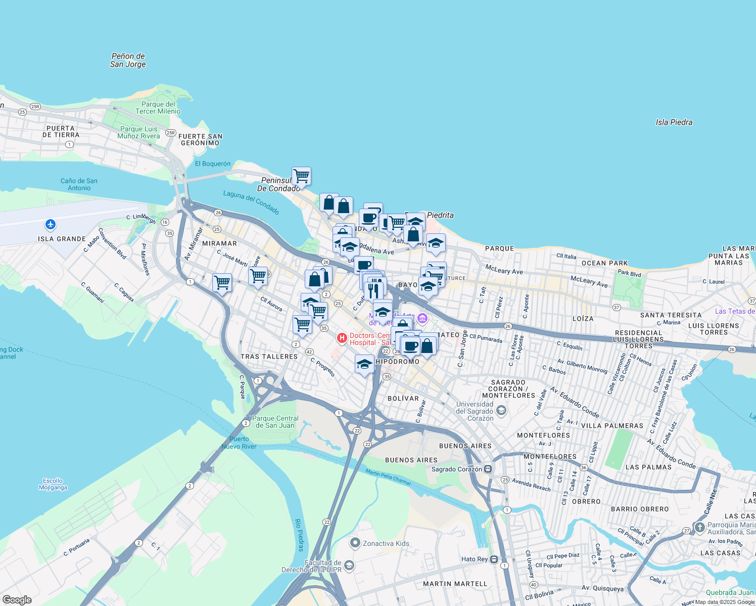 map of restaurants, bars, coffee shops, grocery stores, and more near 213 Calle Canals in San Juan